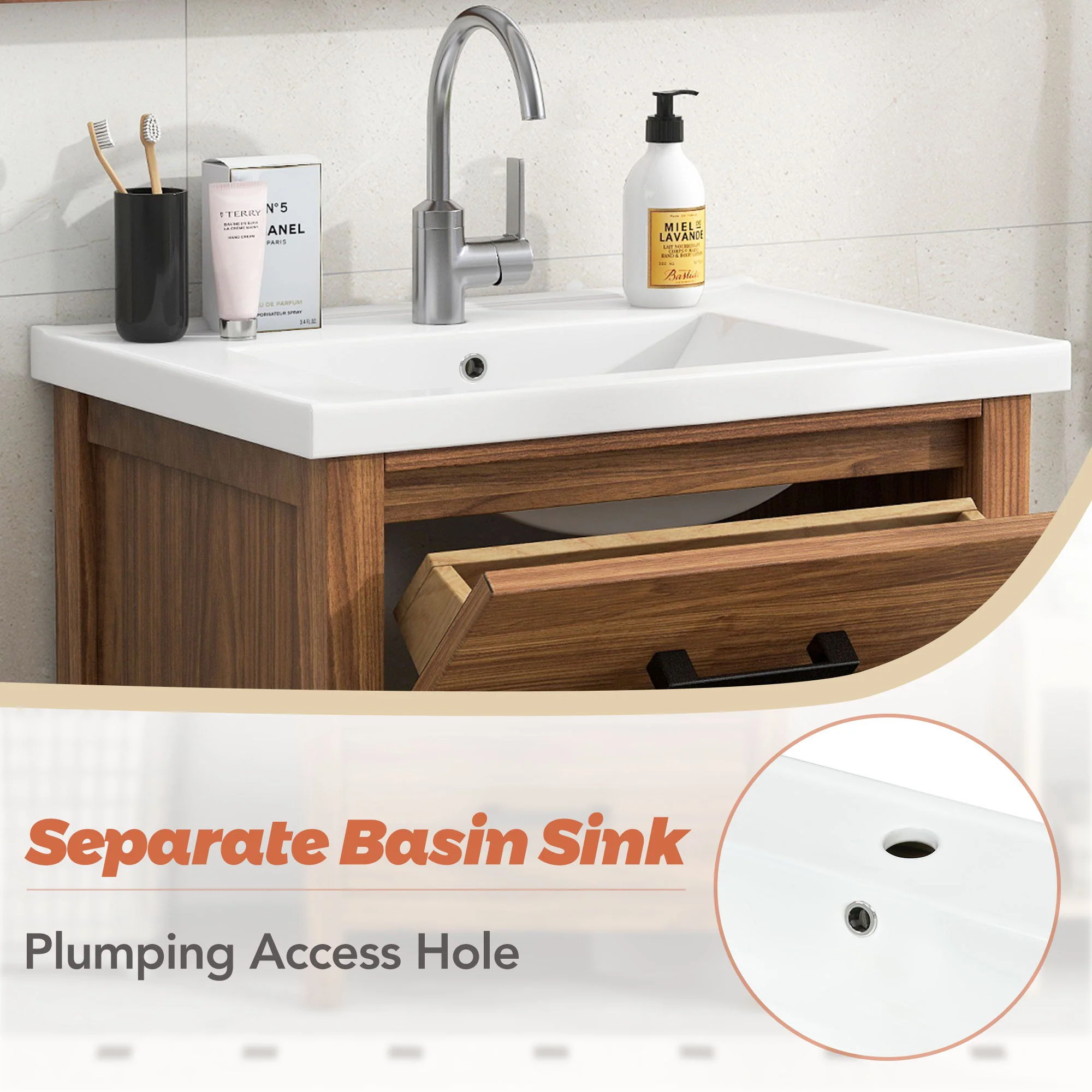24'' Bathroom Vanity With Basin Sink, 3 Drawer Storage Cabinet - Natural Wood - Image 8