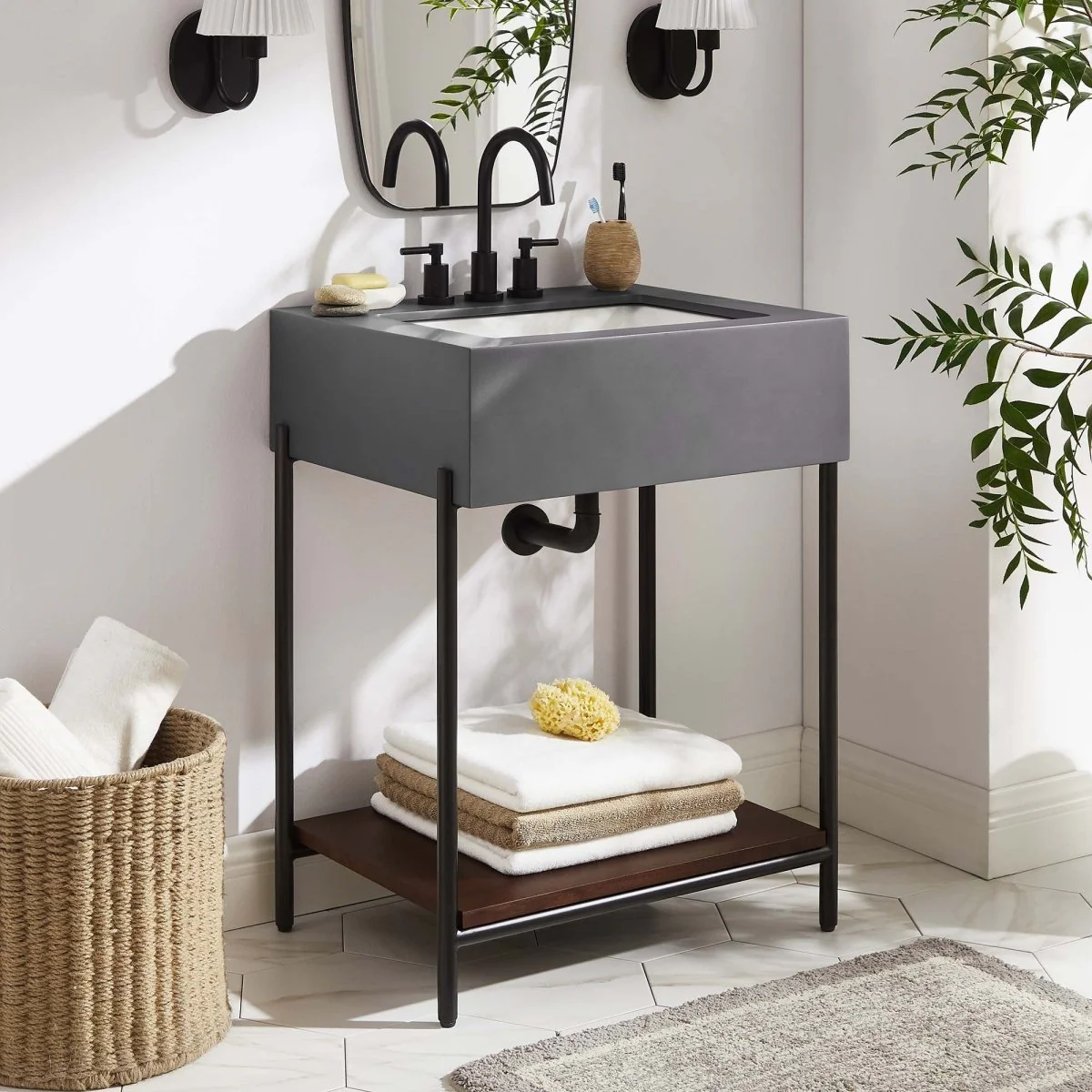 24" Modern Black and White Bathroom Vanity with Concrete Top - Image 13