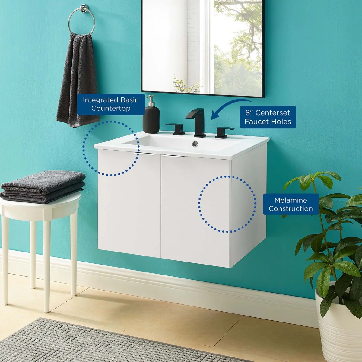 24" Modern Wall-Mount Bathroom Vanity with Sink — Floating Vanity Cabinet Basin - Image 2