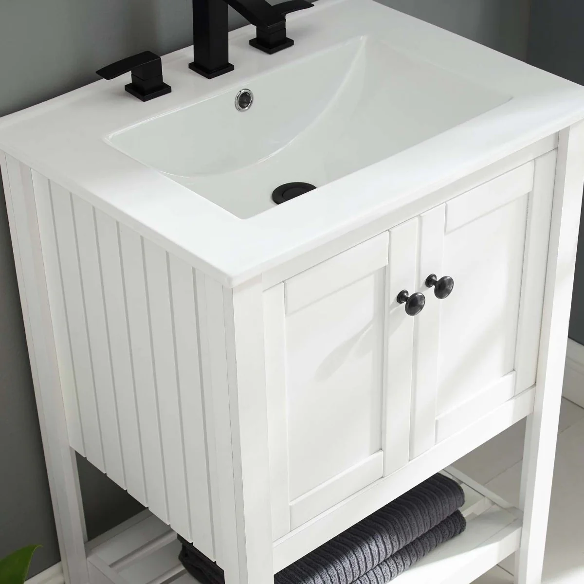 24" Rustic Bathroom Vanity with Slatted Shelf for Storage and Open Bottom - Image 14