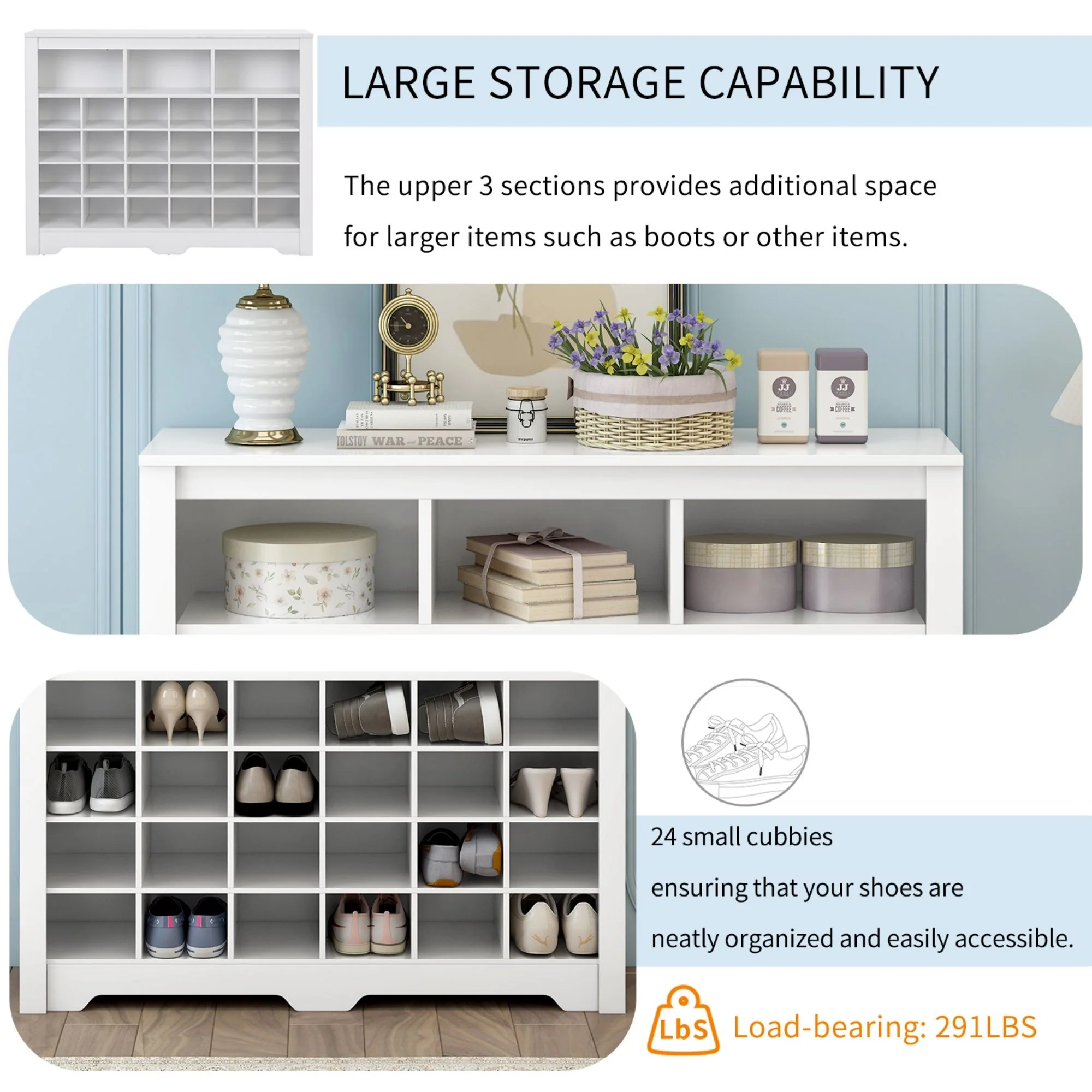 24 Shoe Cubby Console, Shoe Cabinet - White - Image 5