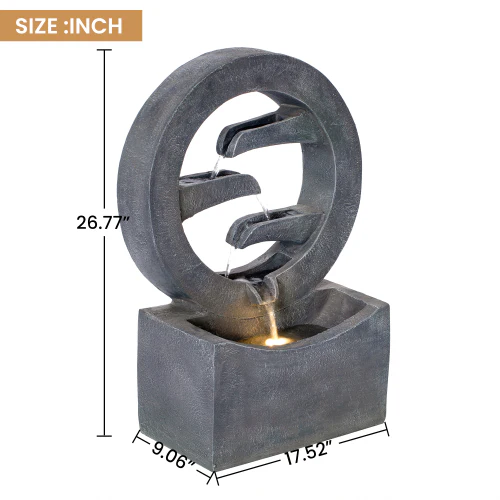 26.77"H Gray Circular Polyresin Outdoor Water Fountain with LED Light, Freestanding Modern Cascading Water Feature for Patio Garden Backyard Decor - Image 13