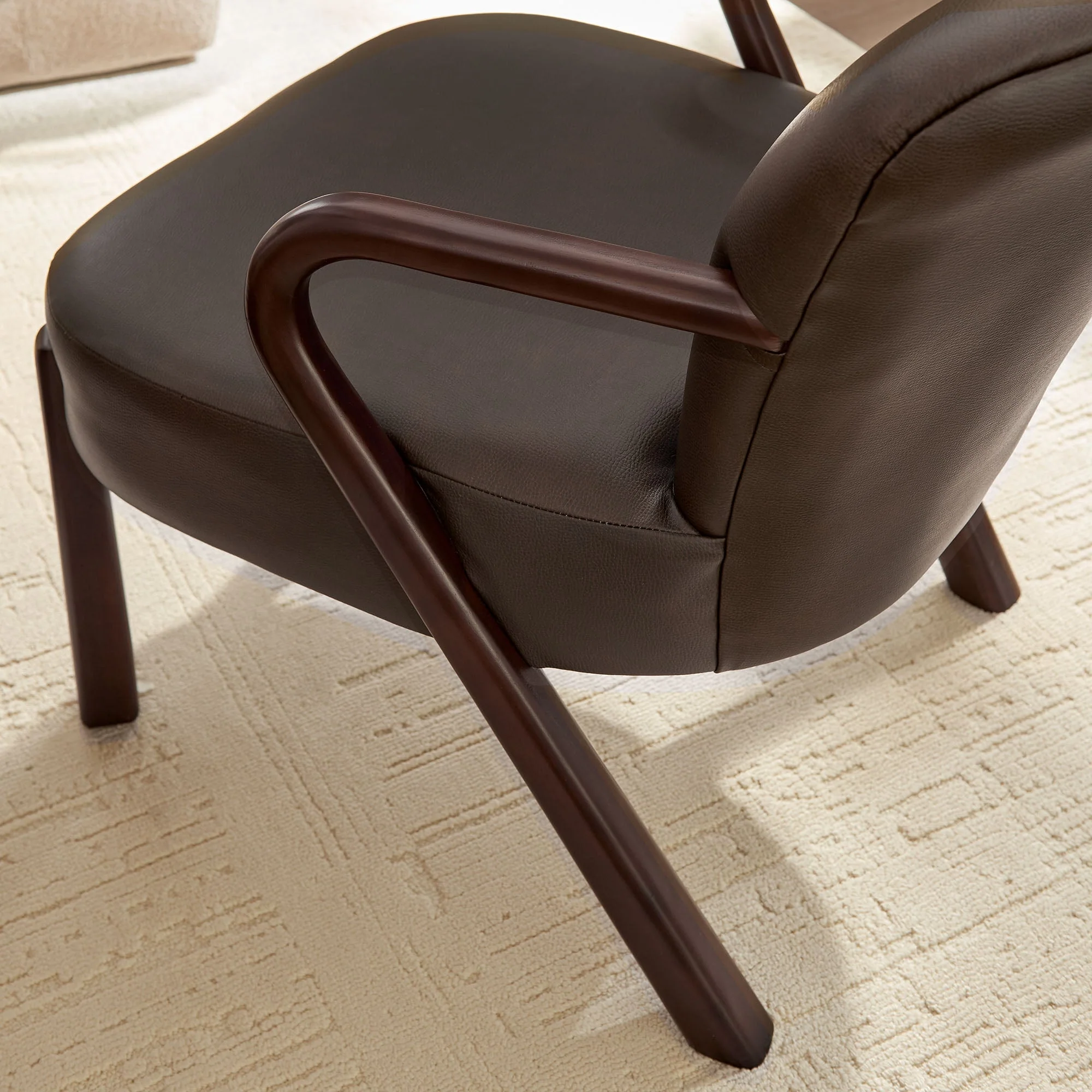 26 Inch Mid-Century Modern Faux Leather Accent Armchair with Sculptural Wood Frame - Image 11