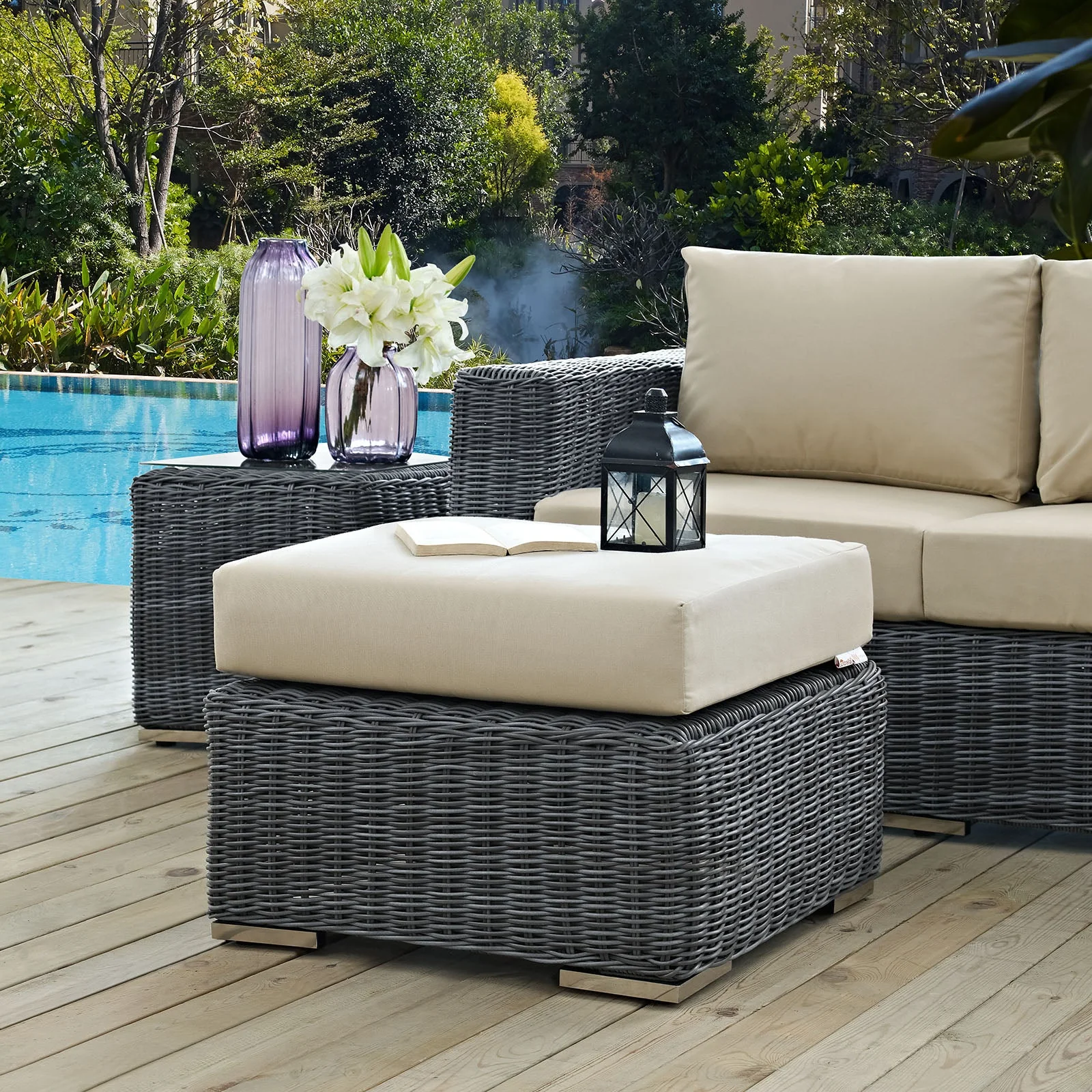 26" Outdoor Patio Ottoman with Sunbrella® Cushion, Round All-Weather Seating Accent - Image 12