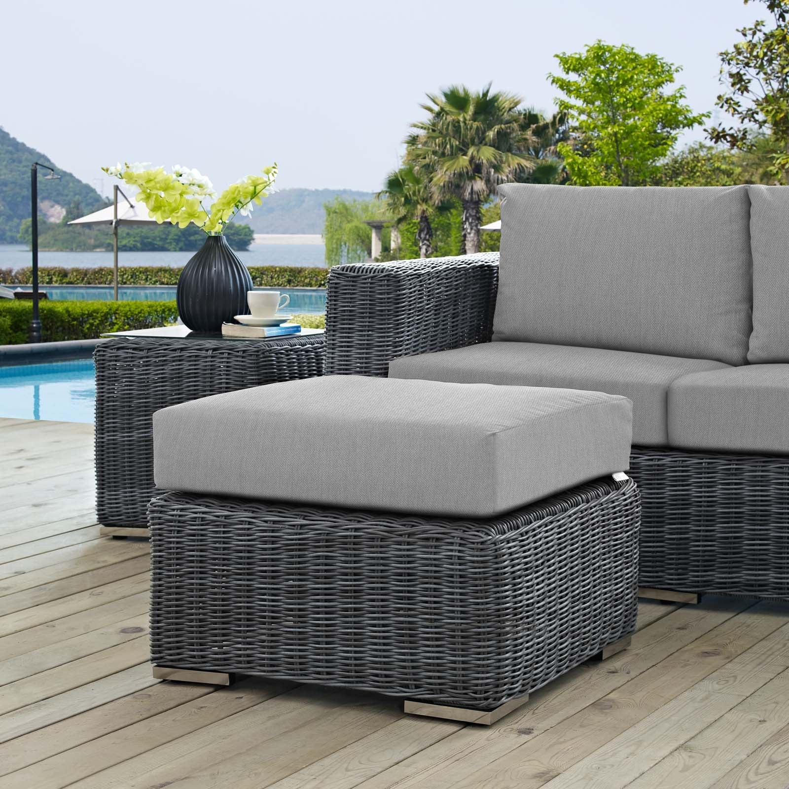 26" Outdoor Patio Ottoman with Sunbrella® Cushion, Round All-Weather Seating Accent - Image 9