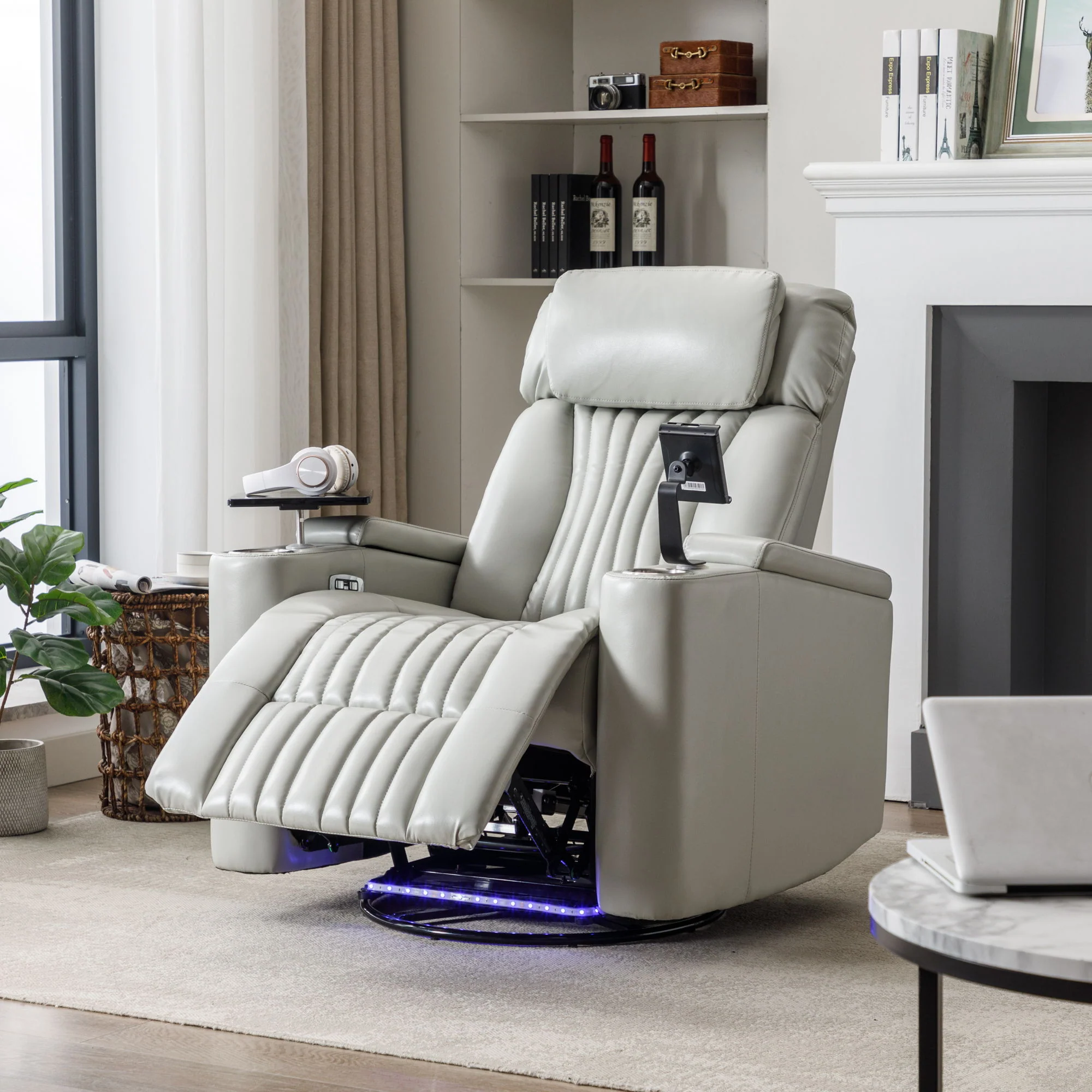 270° Power Swivel Recliner Home Theater Chair With Hidden Arm Storage, LED Light, Cup Holder, And Tray Table - Image 20