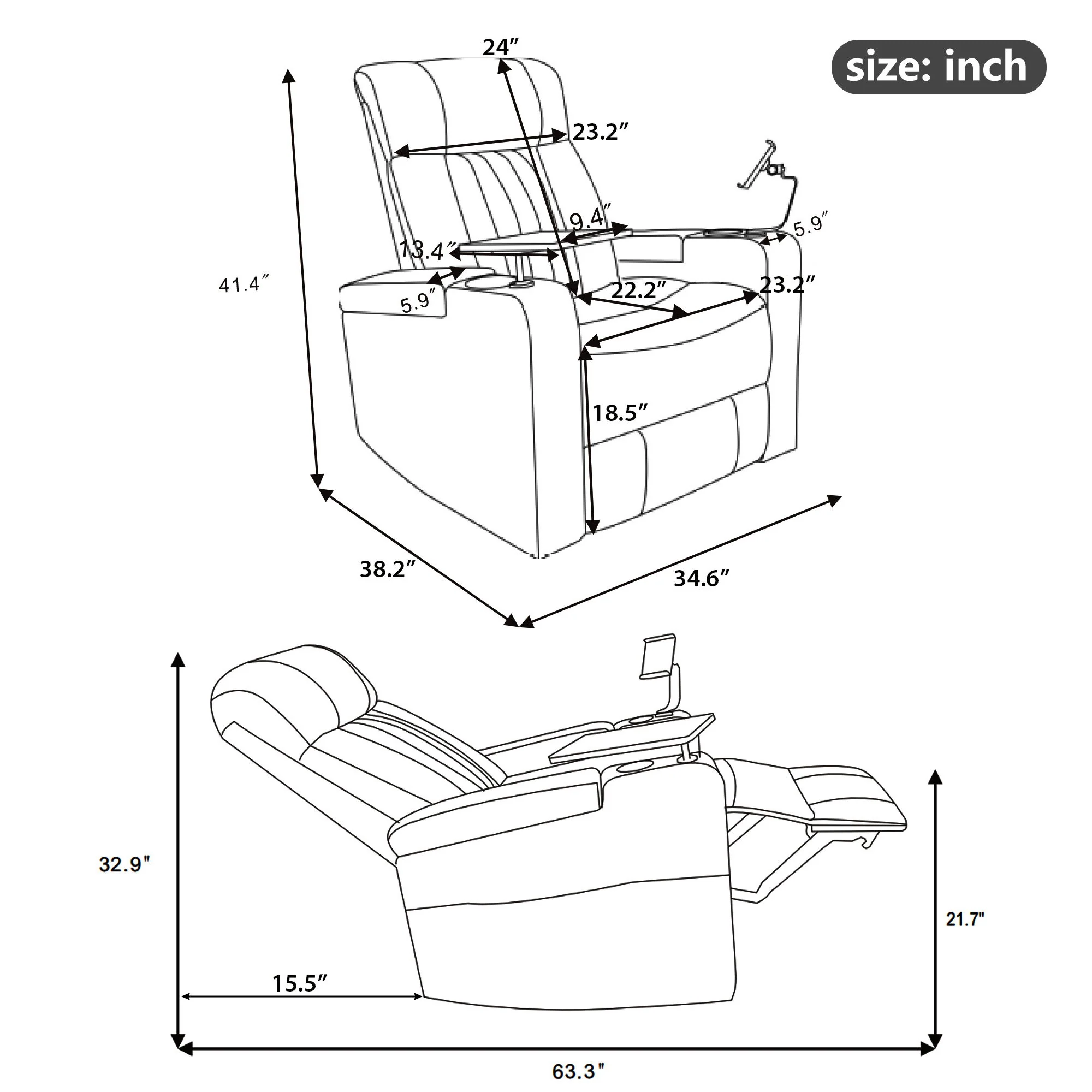 270° Power Swivel Recliner Home Theater Chair With Hidden Arm Storage, LED Light, Cup Holder, And Tray Table - Image 24