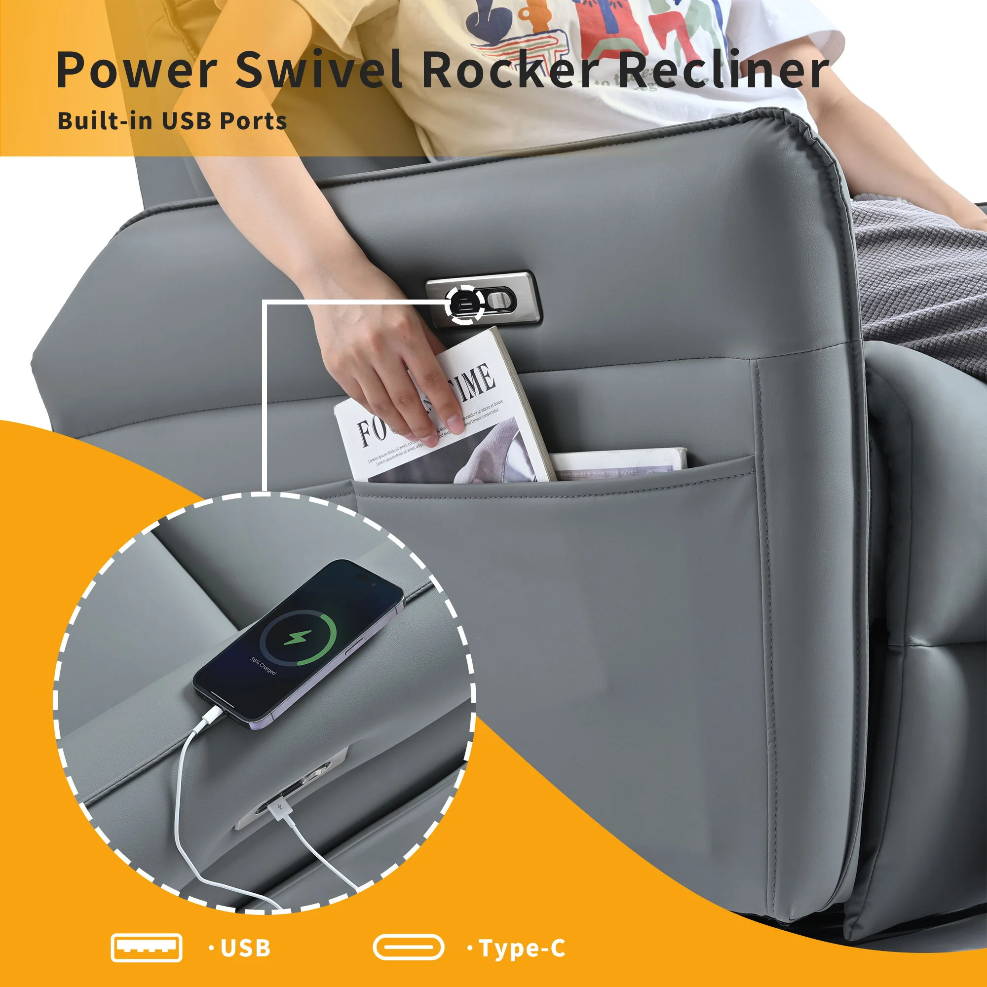 270° Power Swivel Rocker Glider Recliner Chair With USB Ports - Image 6