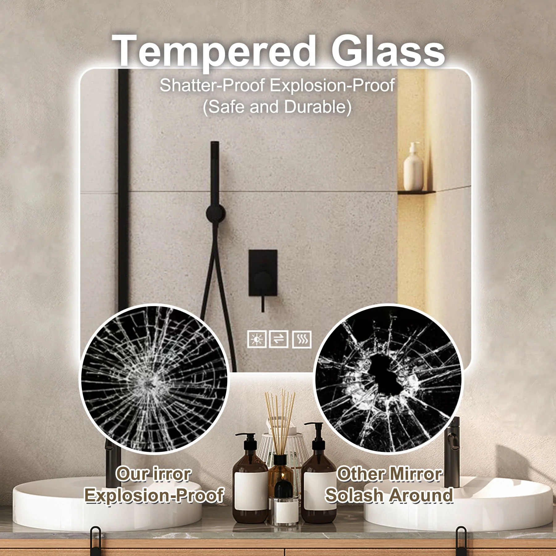 28" Bathroom Mirror With LED Lights Front And Backlit, Anti-Fog Lighted Vanity Mirrors For Wall Mounted And 5 Level Dimmable, Horizontal / Vertical - Clear - Image 6