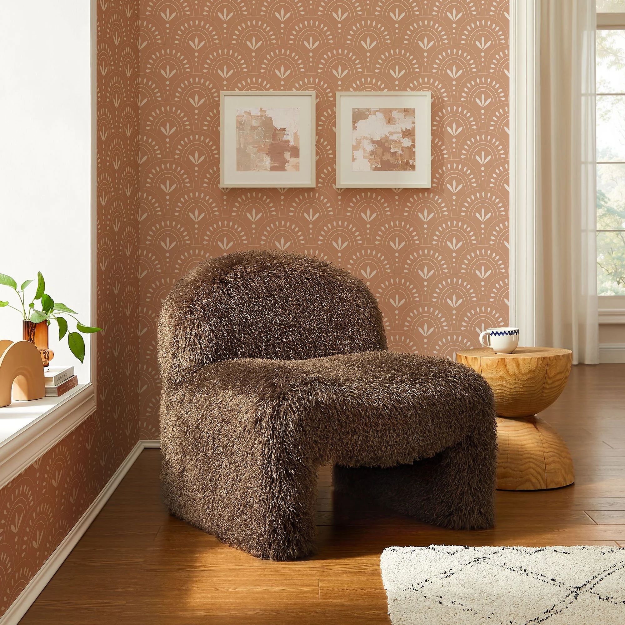 28 Inch Modern Shaggy Faux Fur Armless Accent Chair with Round Silhouette and Sled Base - Image 15