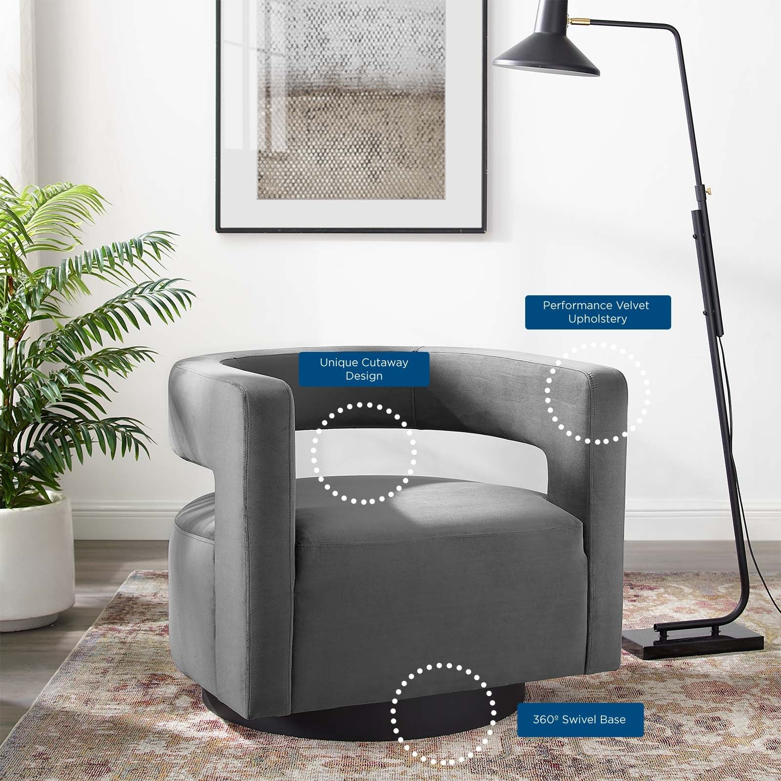 29 Inch Performance Velvet Swivel Armchair with Cutaway Back - Image 2