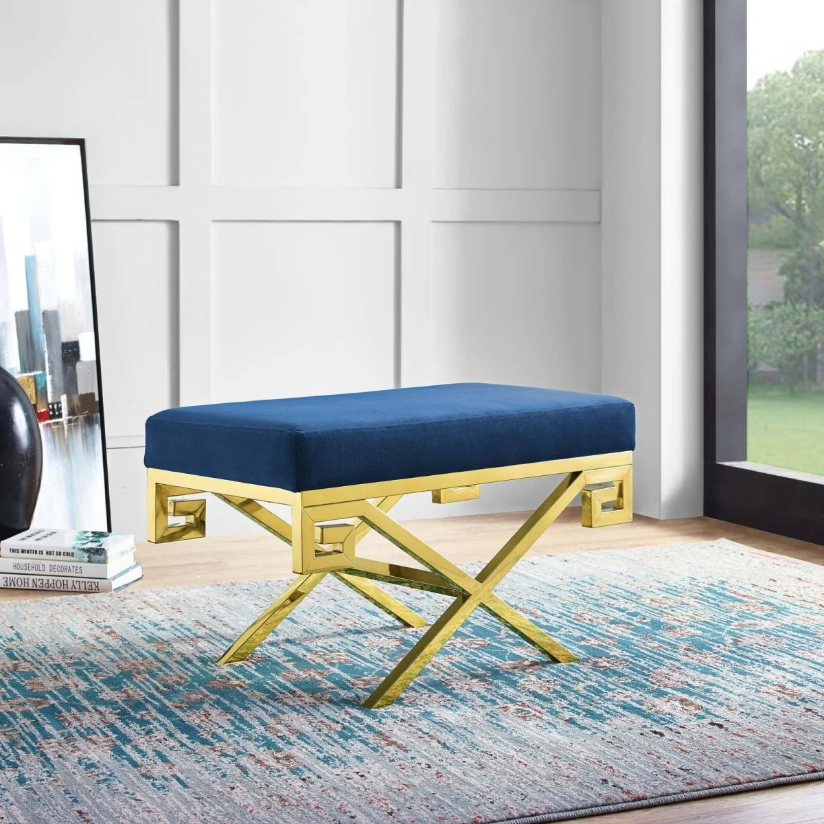 29 Inch Whimsical Greek Key Performance Velvet Bench - Image 12