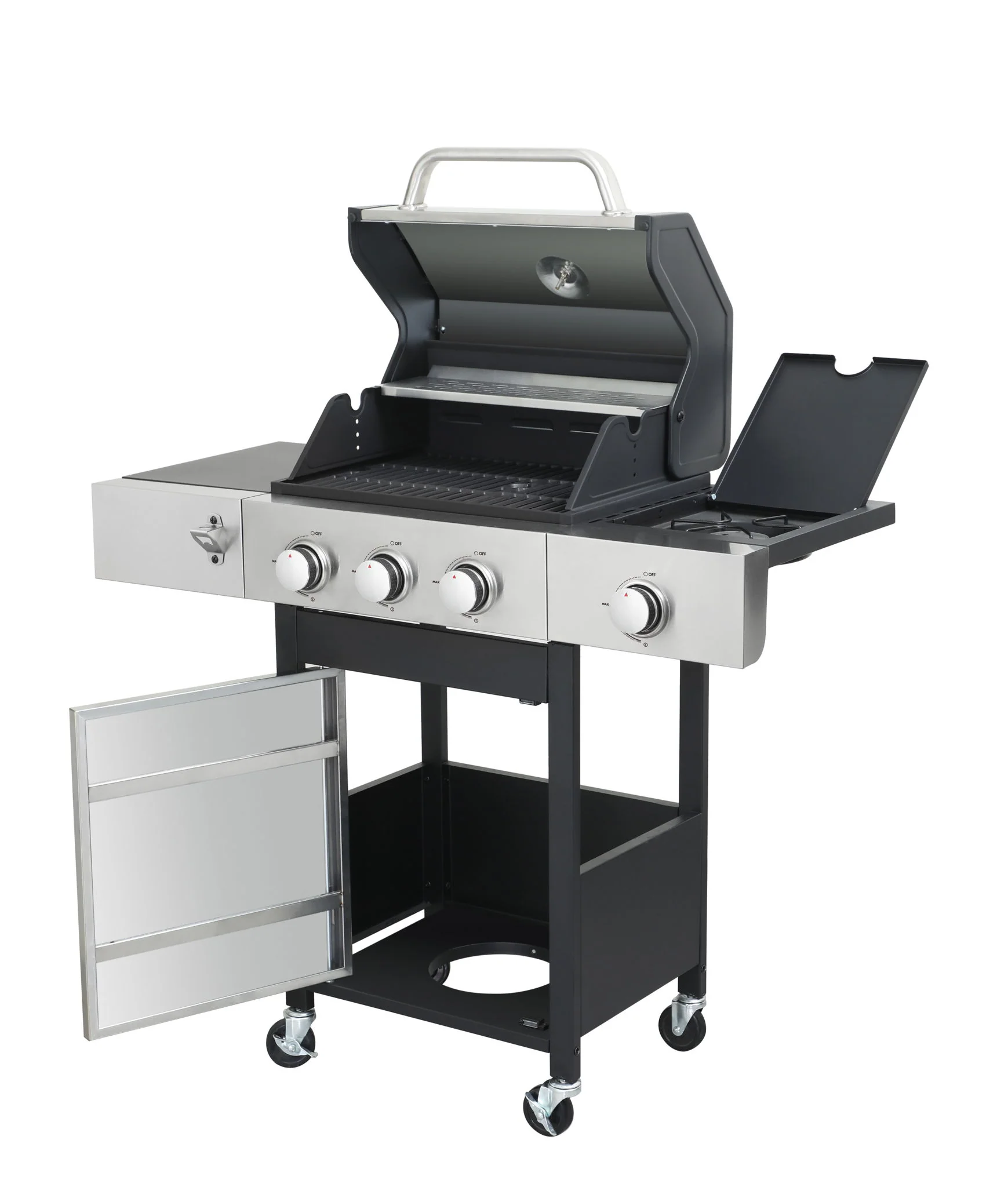 3 Burner Propane Gas Bbq Grill With Side Burner, 37230Btu Output With Enameed Cast Iron Cooking Grids For Outdoor Barbecue, Stainless Steel - Black / Silver - Image 8