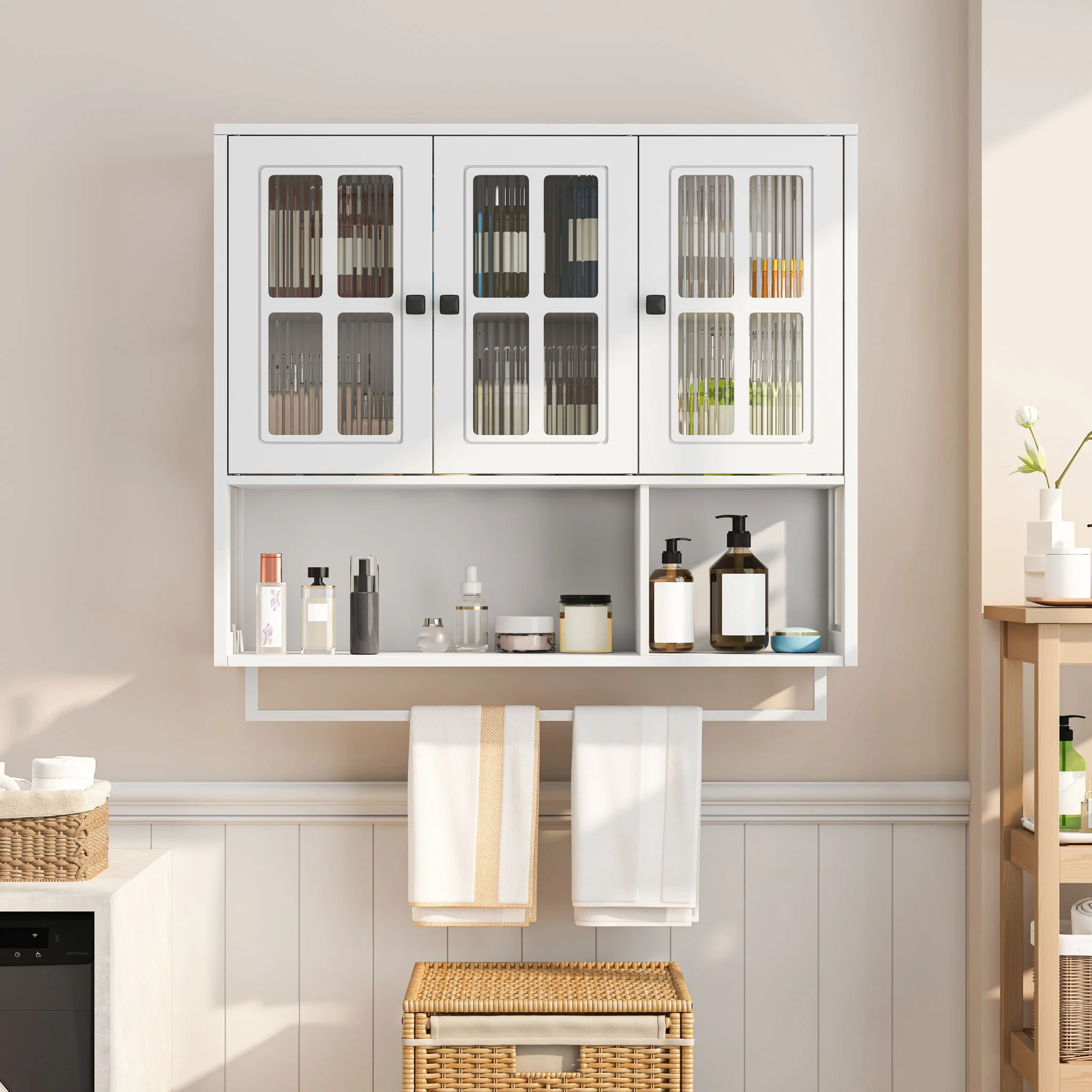3 Door Wall Cabinet With Glass Door And Towel Bar - Image 7