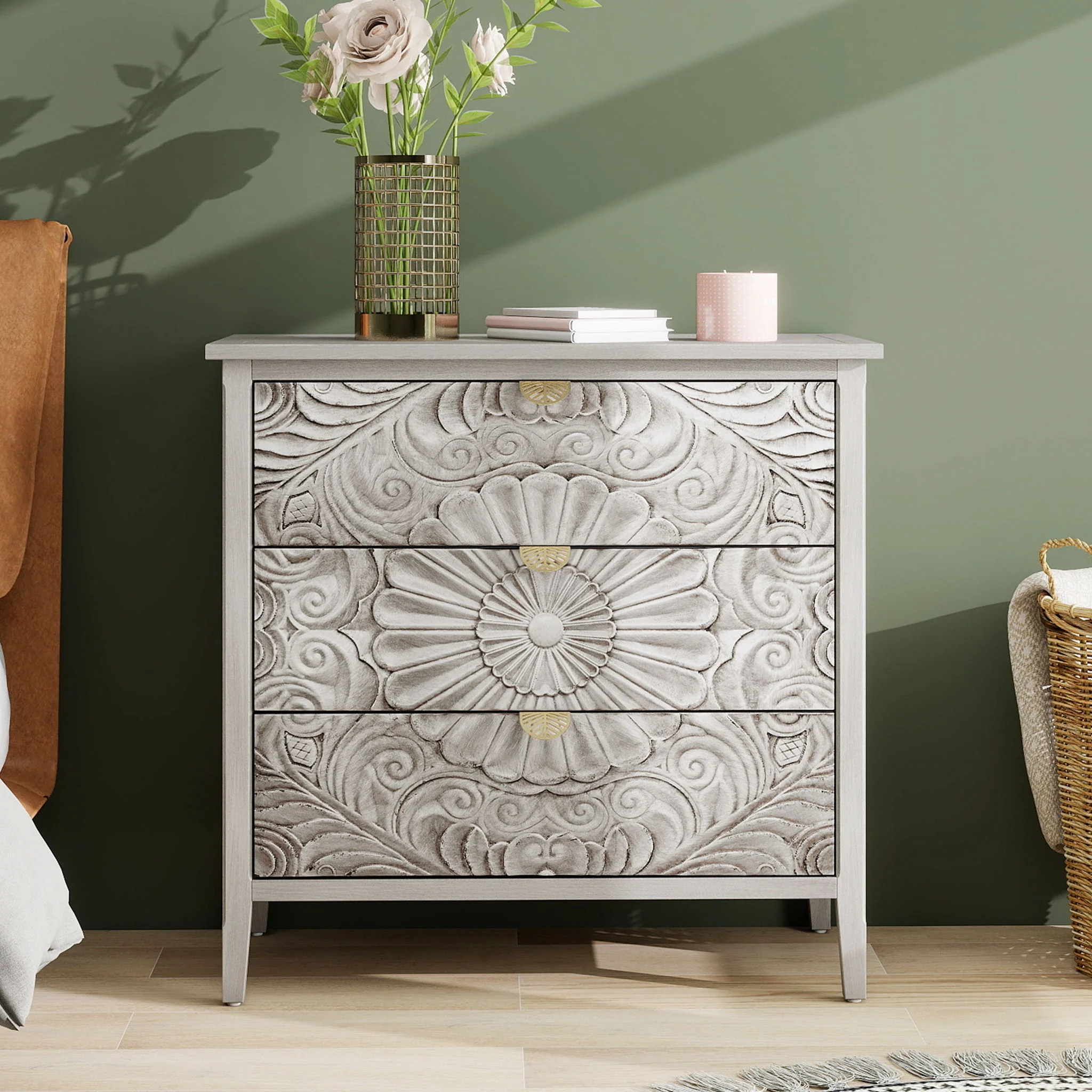 3 Drawer Cabinet, American Furniture, Suitable For Bedroom, Living Room - Light Gray - Image 4