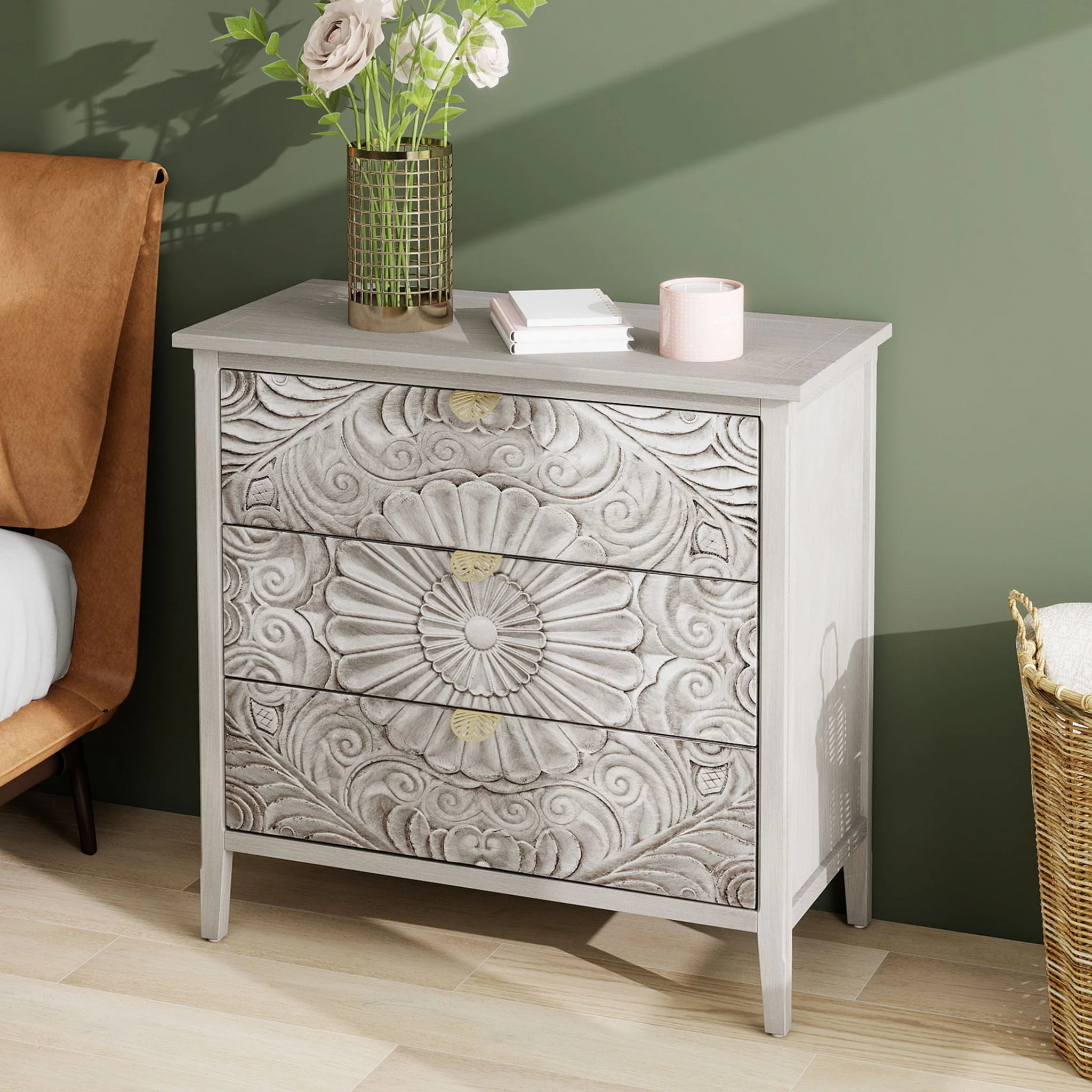 3 Drawer Cabinet, American Furniture, Suitable For Bedroom, Living Room - Light Gray - Image 9