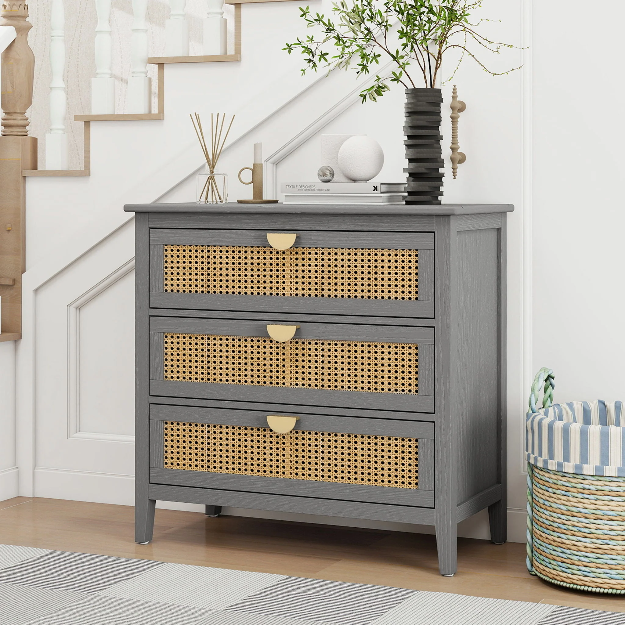 3 Drawer Cabinet, Natural Rattan, American Furniture - Image 24