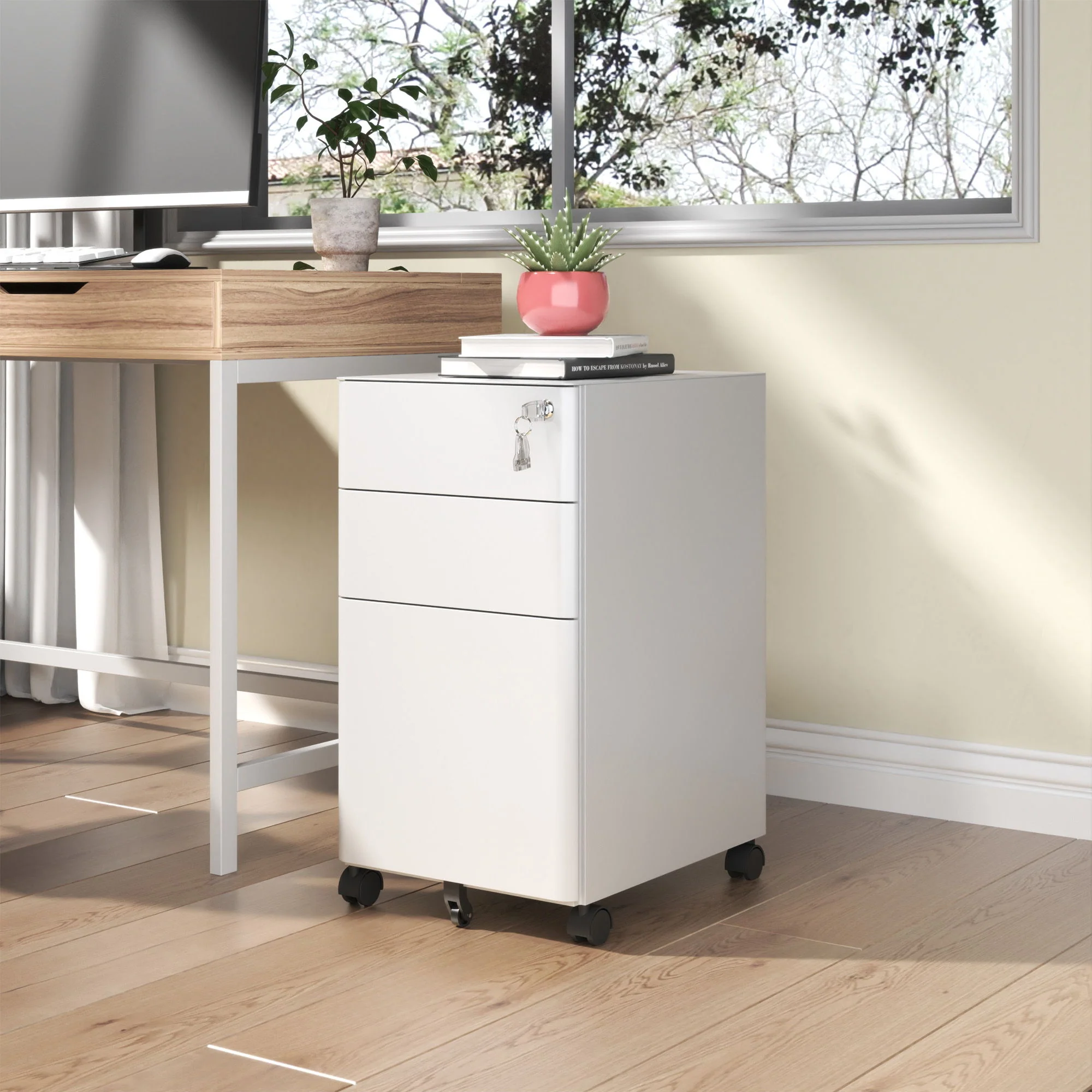 3-Drawer Mobile File Cabinet With Lock, On Wheels, Two Shallow & One Deep Drawer For Office/Home, Fully Assembled - White - Image 3