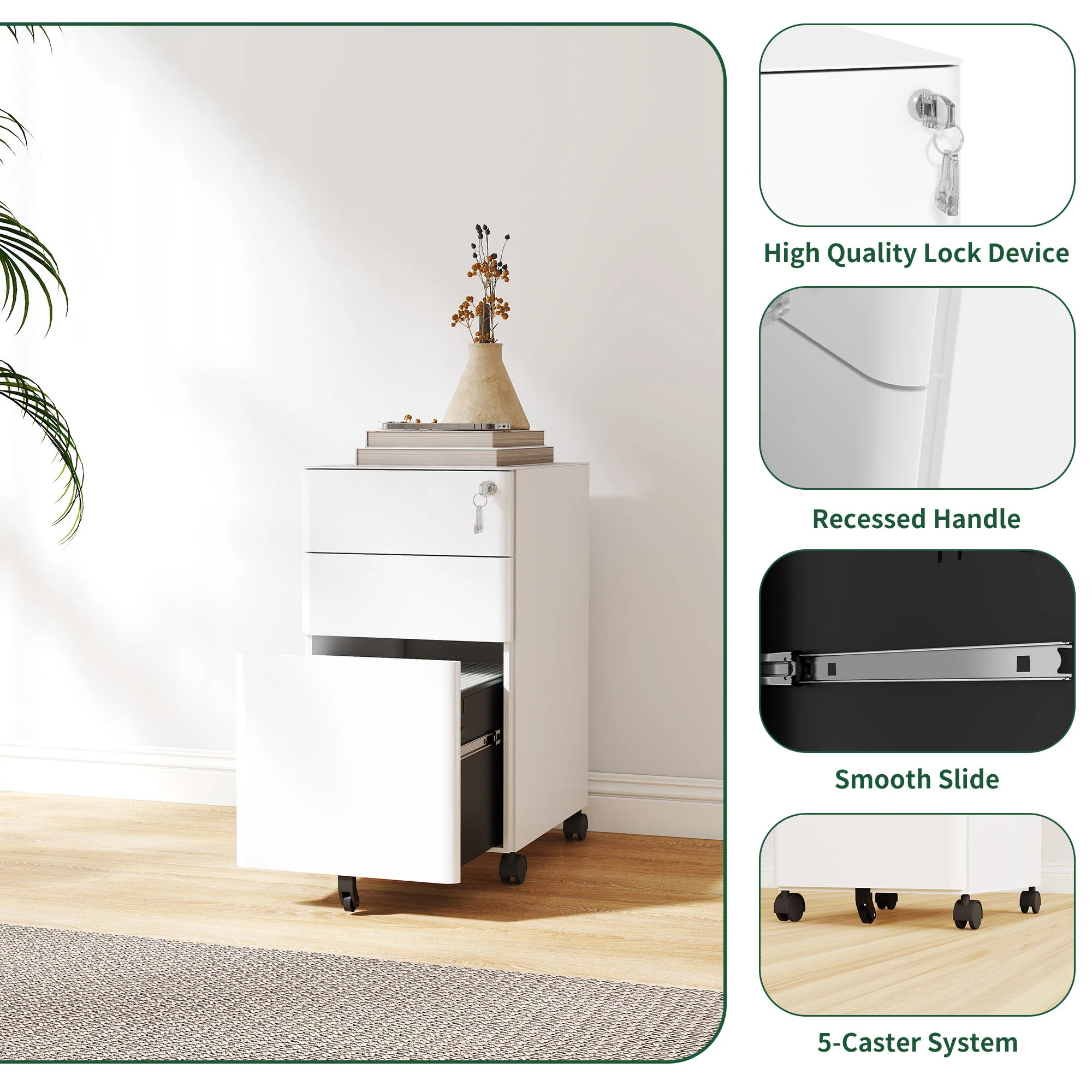 3-Drawer Mobile File Cabinet With Lock, On Wheels, Two Shallow & One Deep Drawer For Office/Home, Fully Assembled - White - Image 9