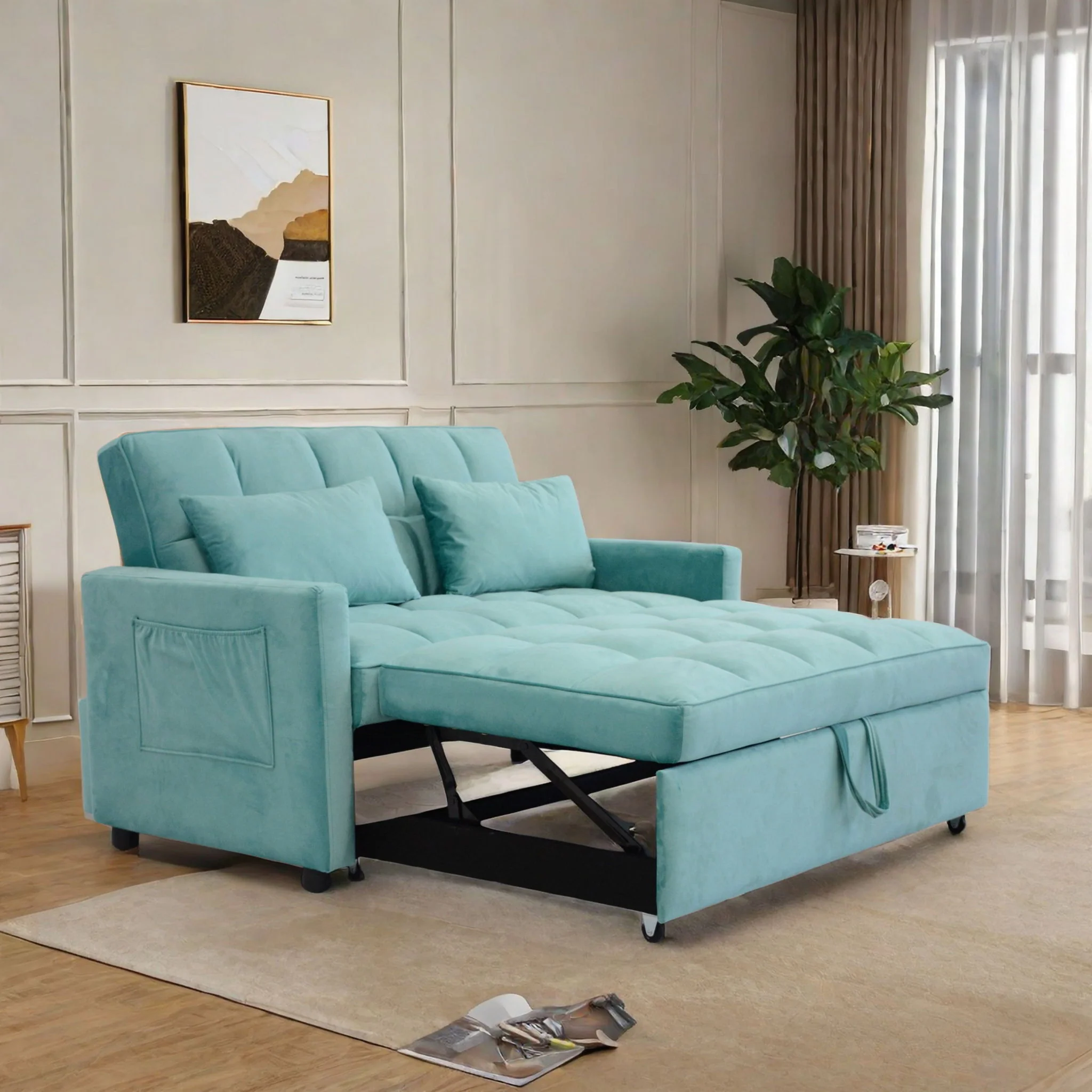 3 In 1 Convertible Sleeper Sofa Bed, Modern Fabric Loveseat Futon Sofa Couch With Pullout Bed, Small Love Seat Lounge Sofa With Reclining Backrest, Furniture For Living Room - Image 4