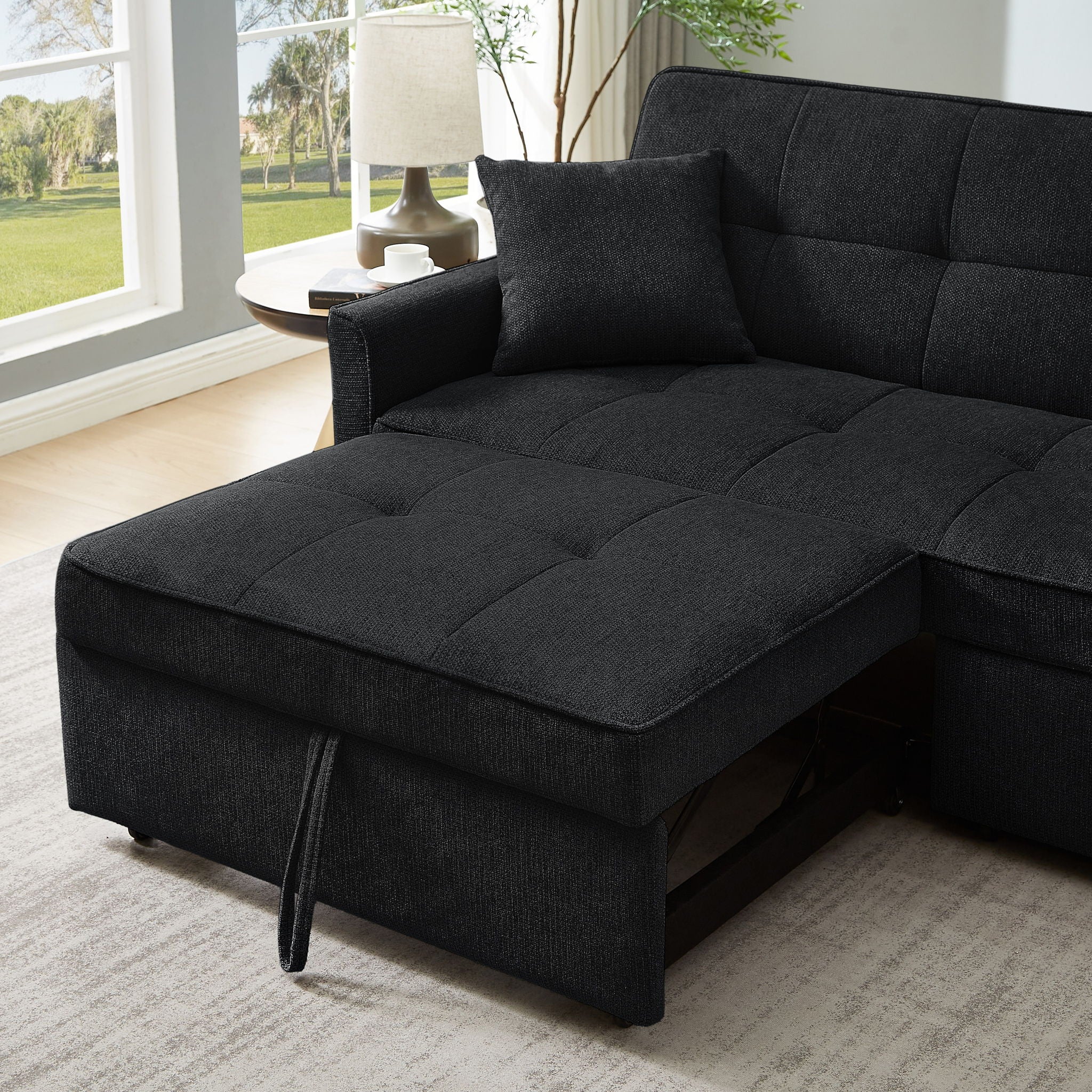 3 In 1 Convertible Sleeper Sofa Bed, Reclining Backrest, Pillows, Pockets - Image 3