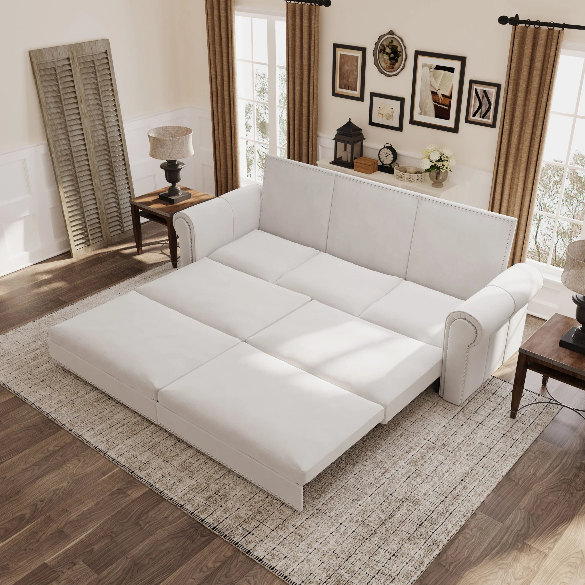 3 In 1 Convertible Sleeper Sofa With Nailhead Trim & Rolled Arm - Image 10