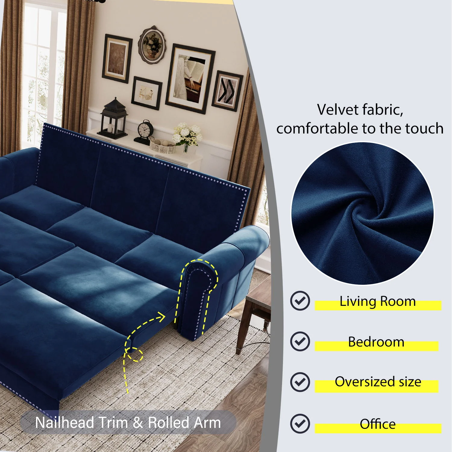 3 In 1 Convertible Sleeper Sofa With Nailhead Trim & Rolled Arm - Image 31