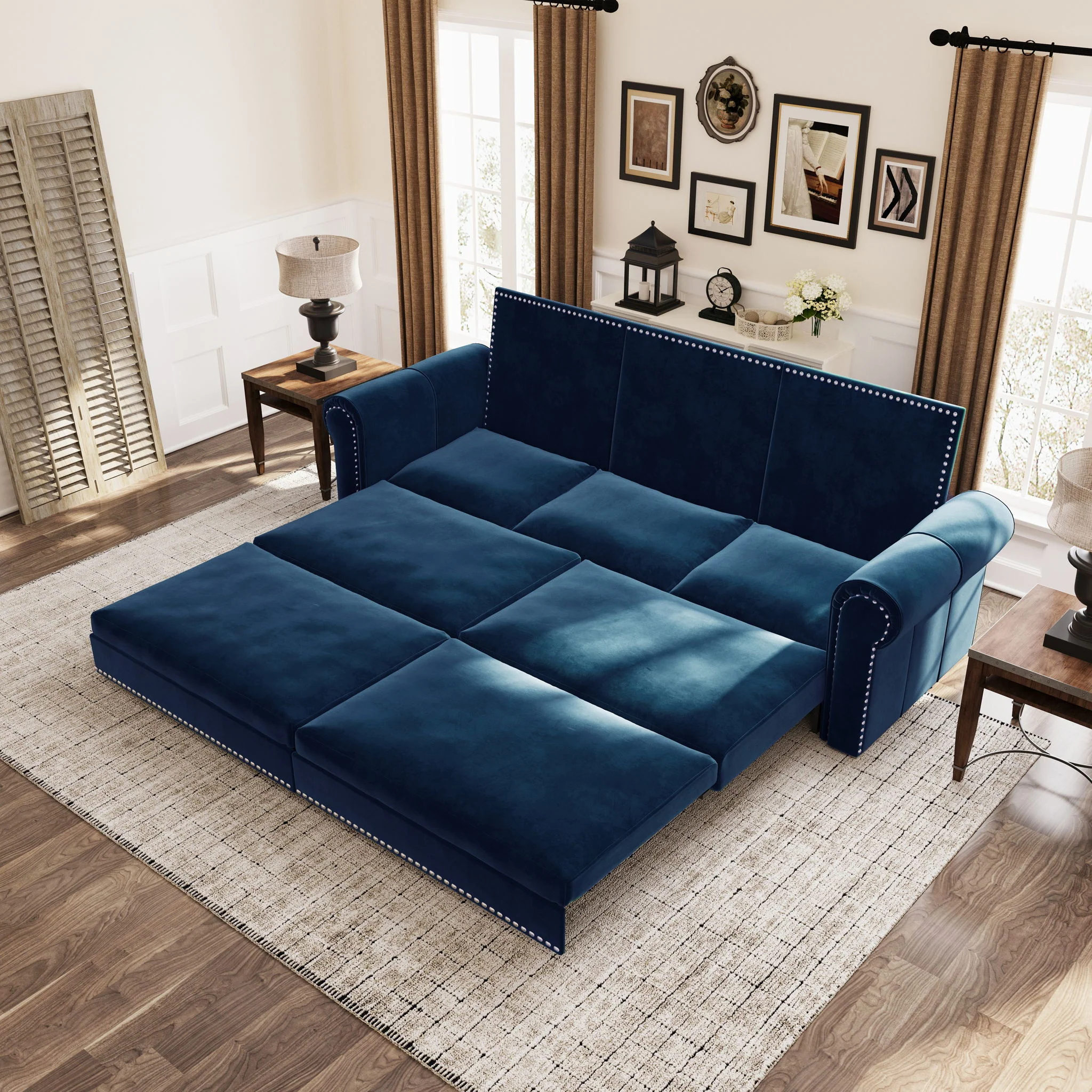 3 In 1 Convertible Sleeper Sofa With Nailhead Trim & Rolled Arm - Image 54