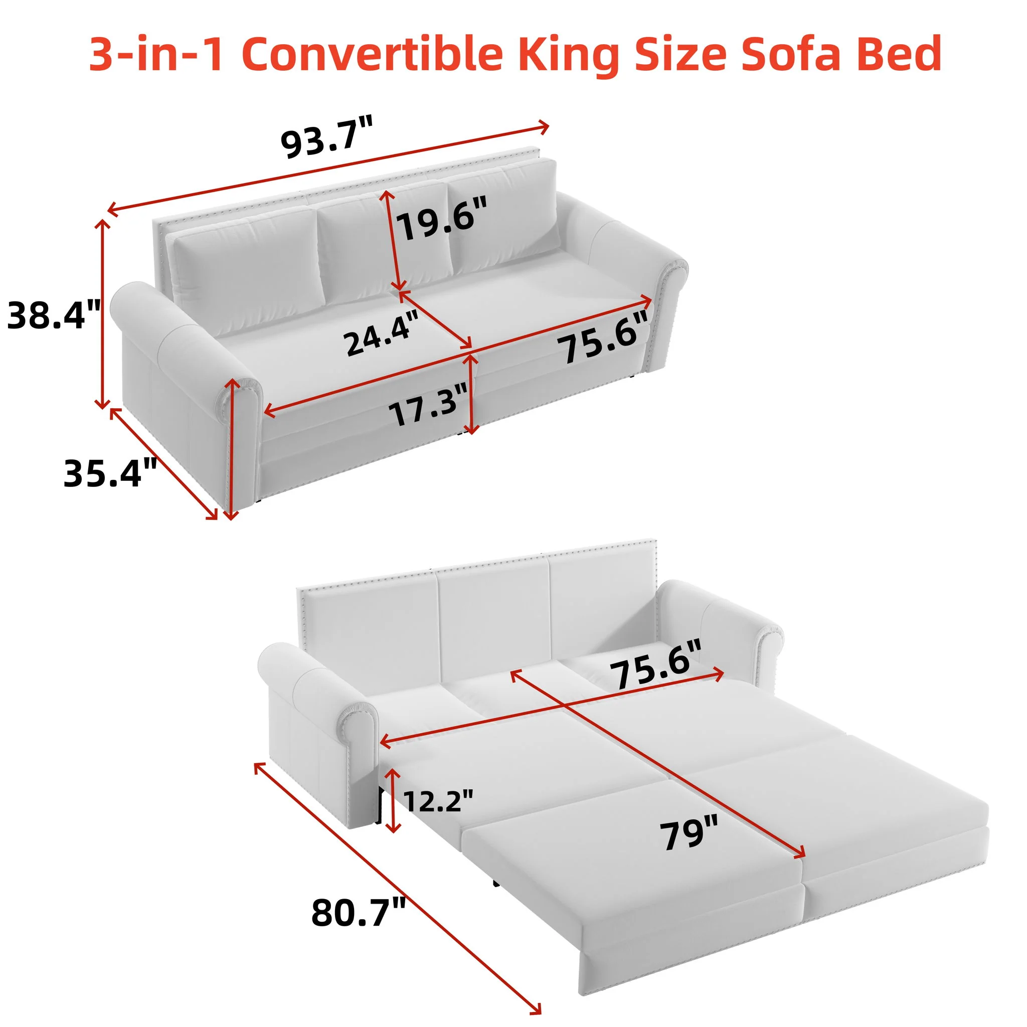 3 In 1 Convertible Sleeper Sofa With Nailhead Trim & Rolled Arm - Image 56