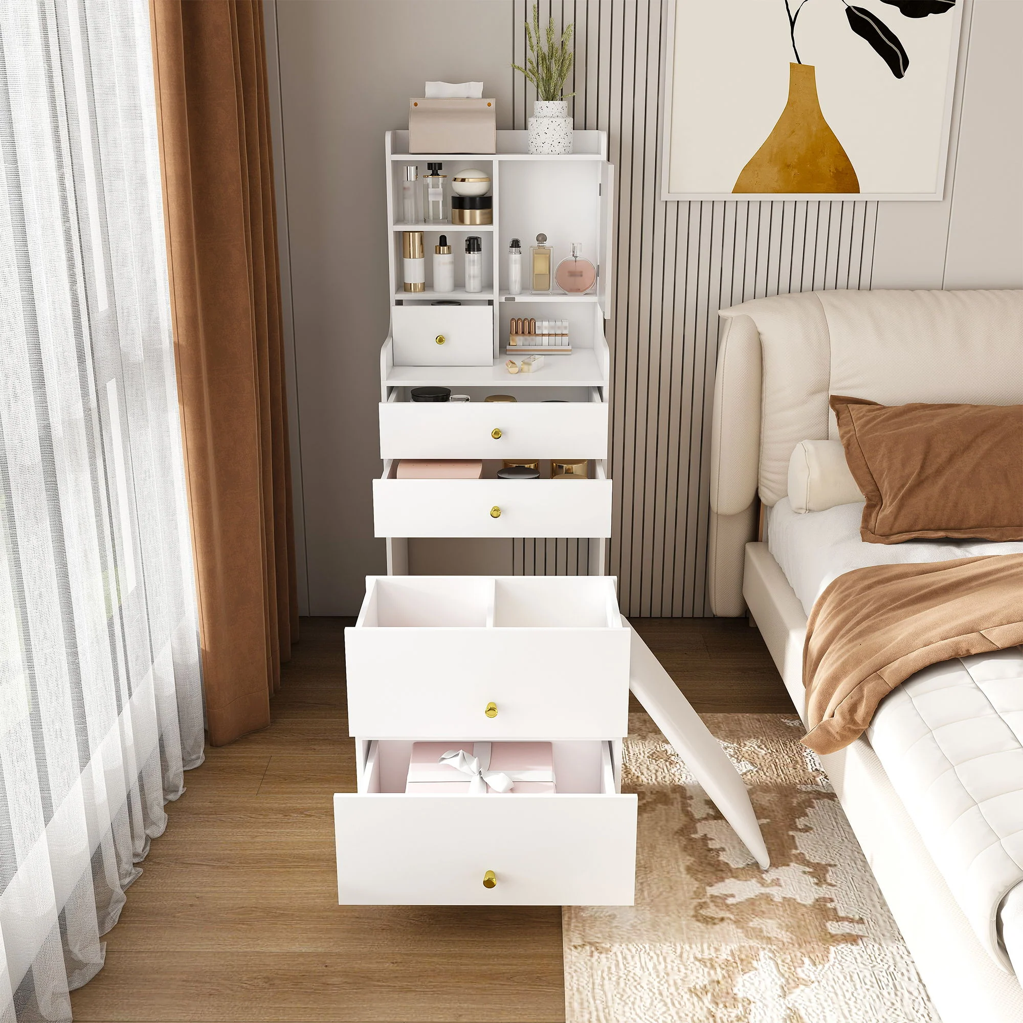 3 In 1 Dressing Table With LED Mirror & Storage Stool, Compact Makeup Vanity - White - Image 4