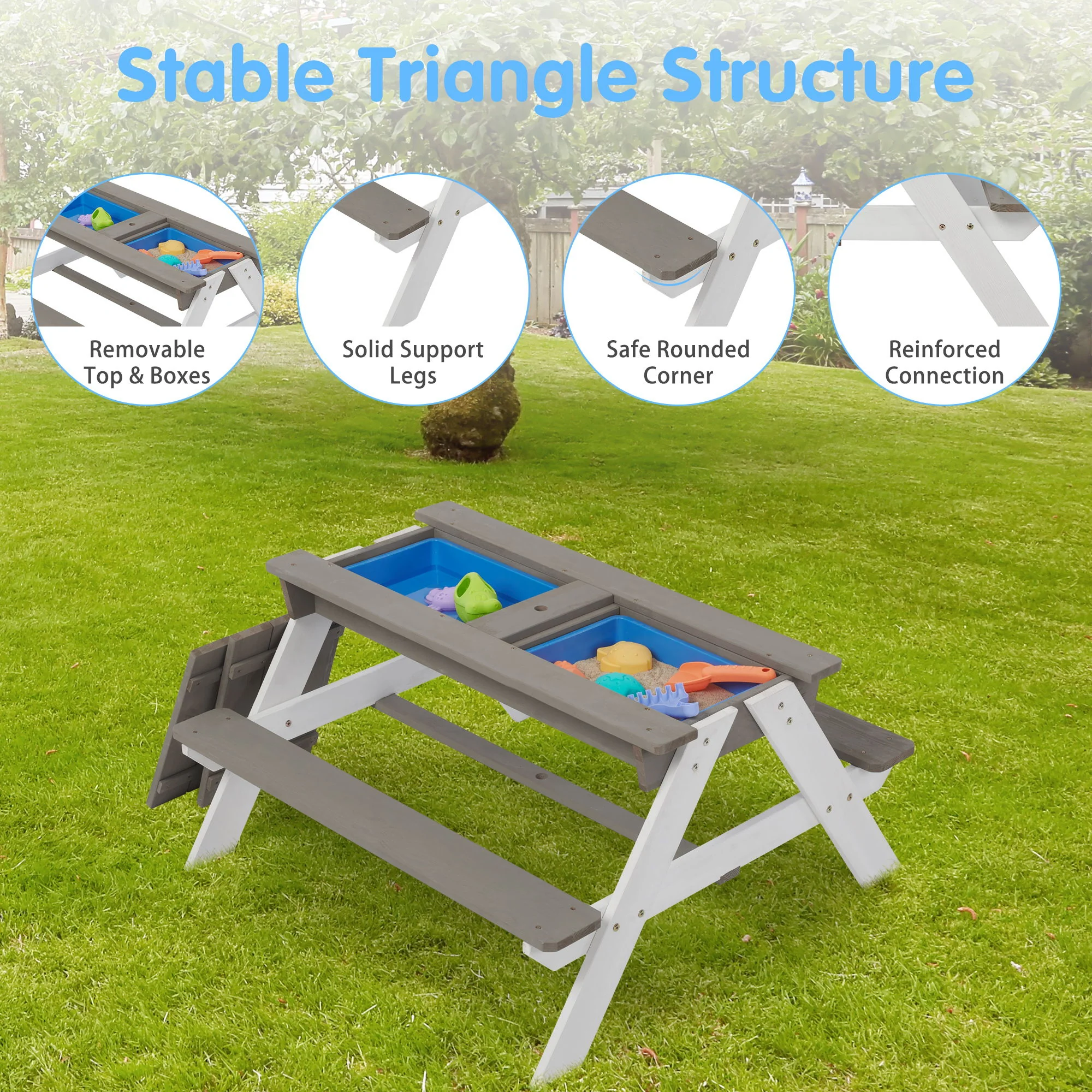 3-In-1 Kids Outdoor Wooden Picnic Table With Umbrella, Convertible Sand & Water, ASTM & CPSIA Certification - Image 8