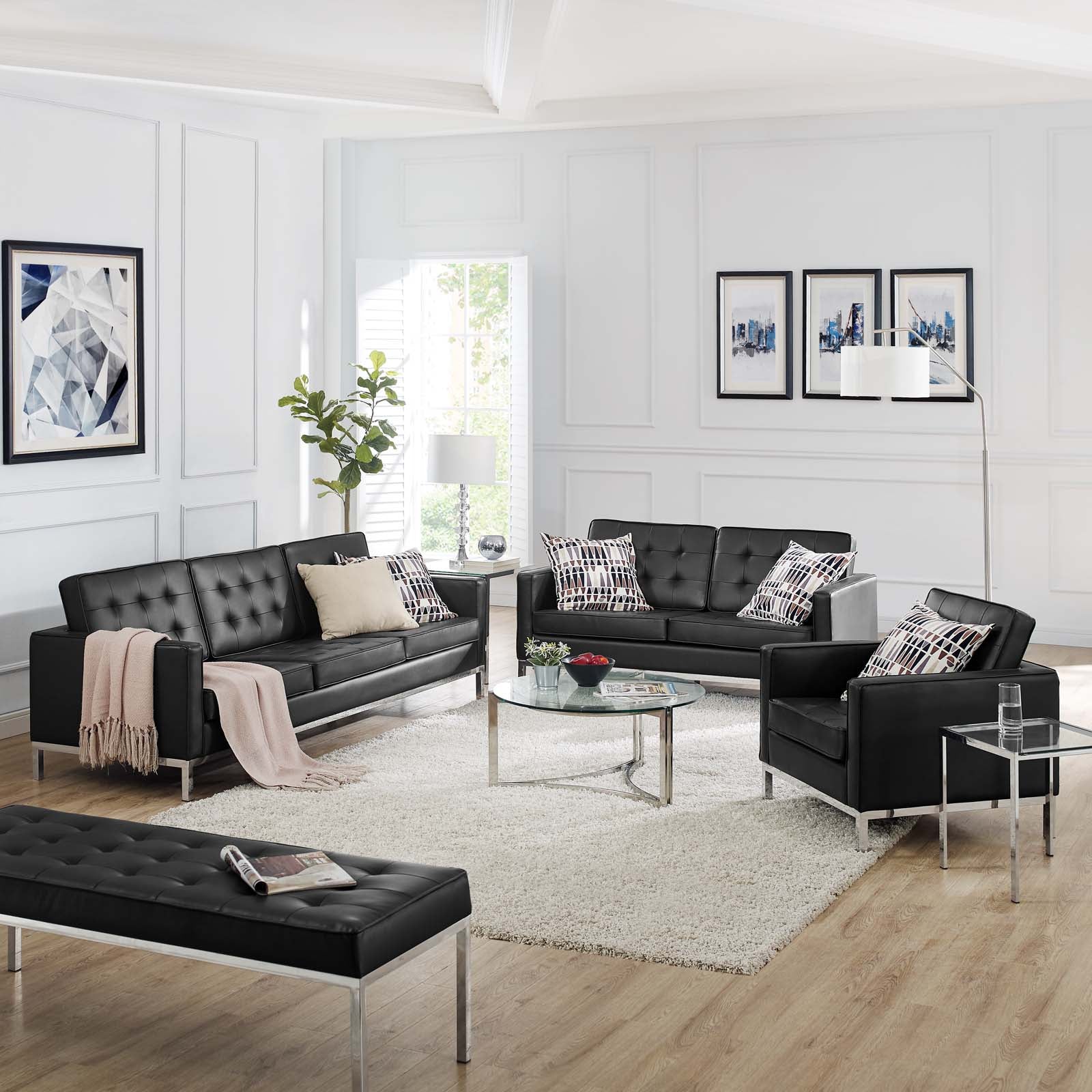 3 Piece 155" Tufted Upholstered Faux Leather Set - Image 7