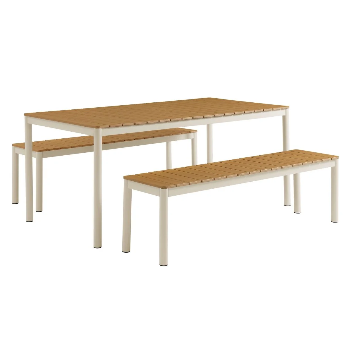 3-Piece Aluminum and Faux Wood Outdoor Dining Set with Benches – Natural