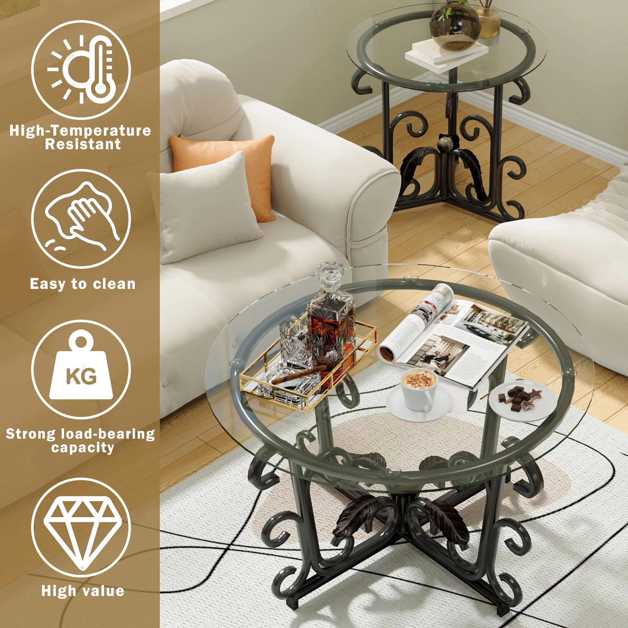 3 Piece Coffee Table Set, Scratch-Resistant - Black - Image 7