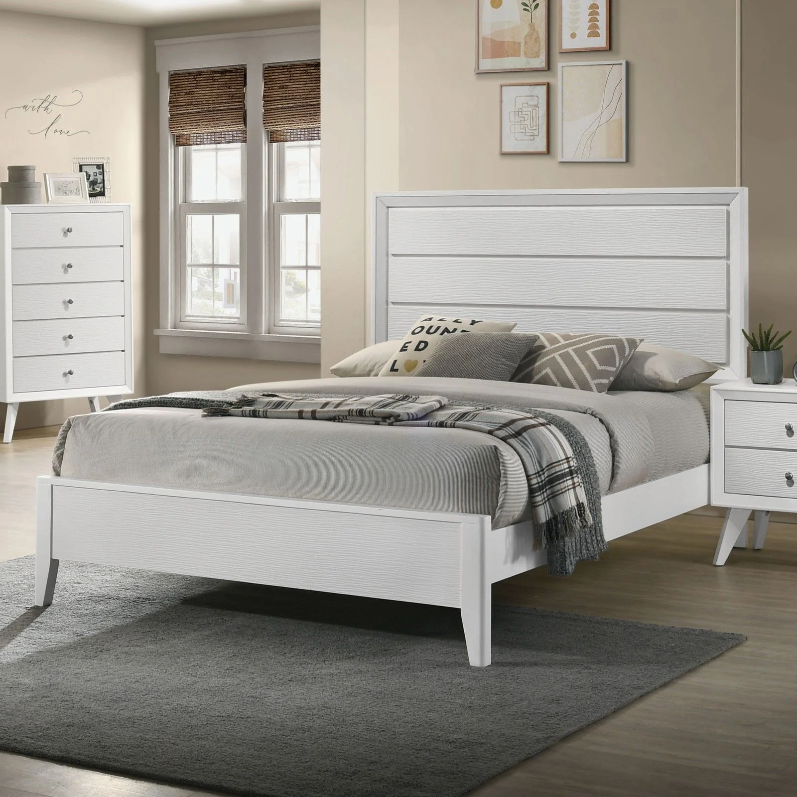 3 Piece Contemporary Bed Set With Wave Texture Panels And Angled Legs - Image 6