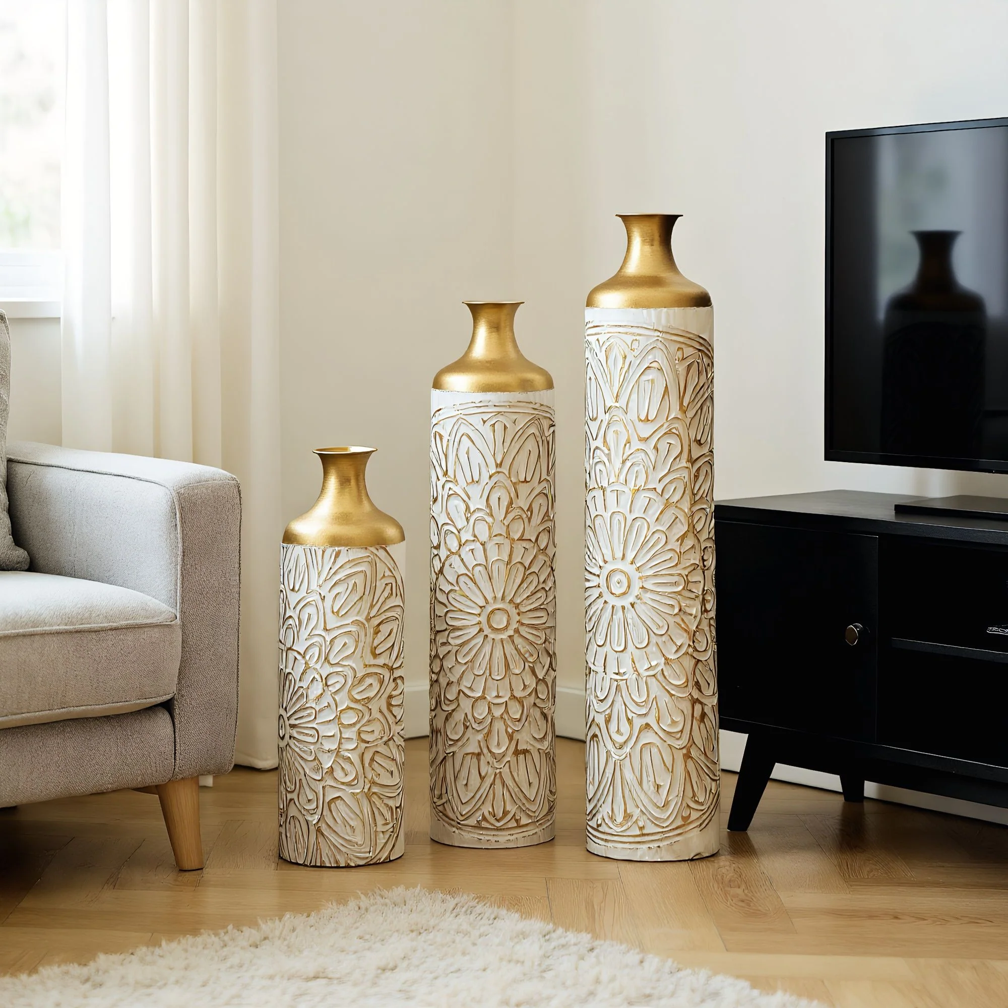 3 Piece Home Decoration Large Glazed Floor Vase Decoration Home Droplet Shaped - Gold / White - Image 2