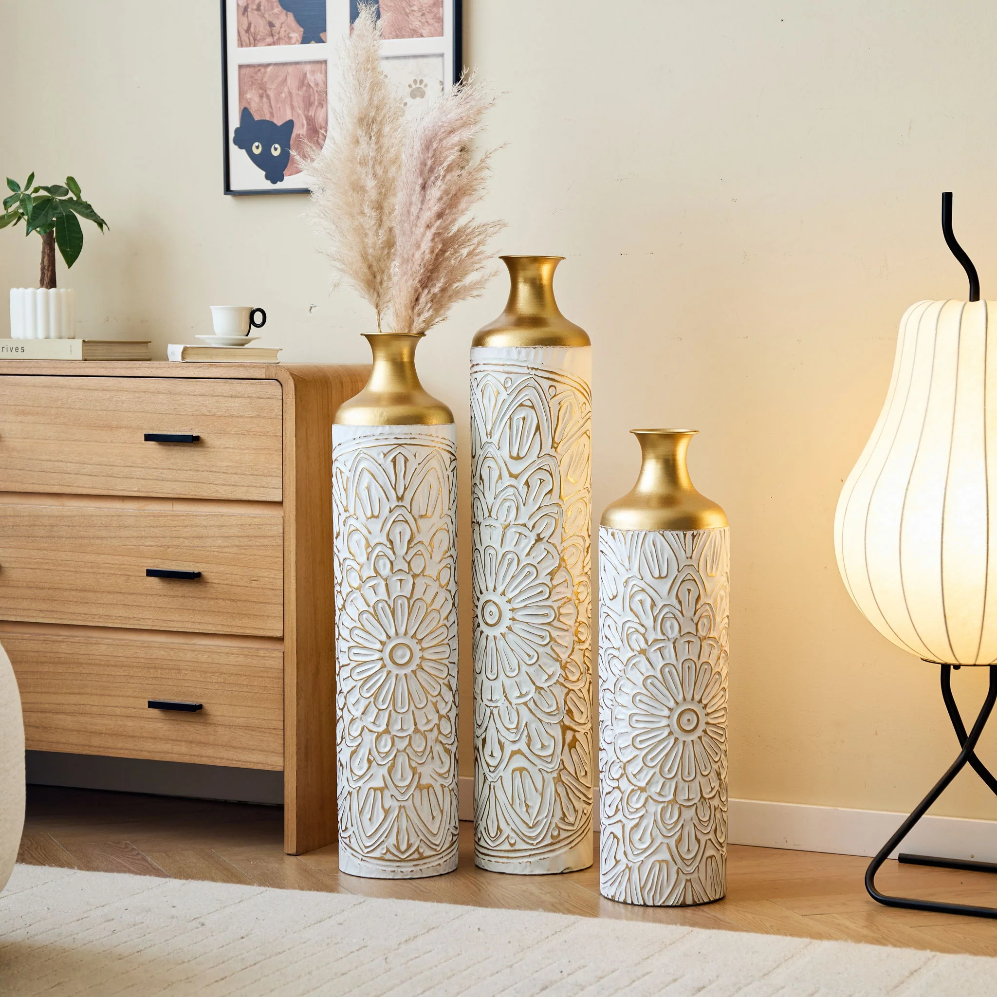 3 Piece Home Decoration Large Glazed Floor Vase Decoration Home Droplet Shaped - Gold / White - Image 4