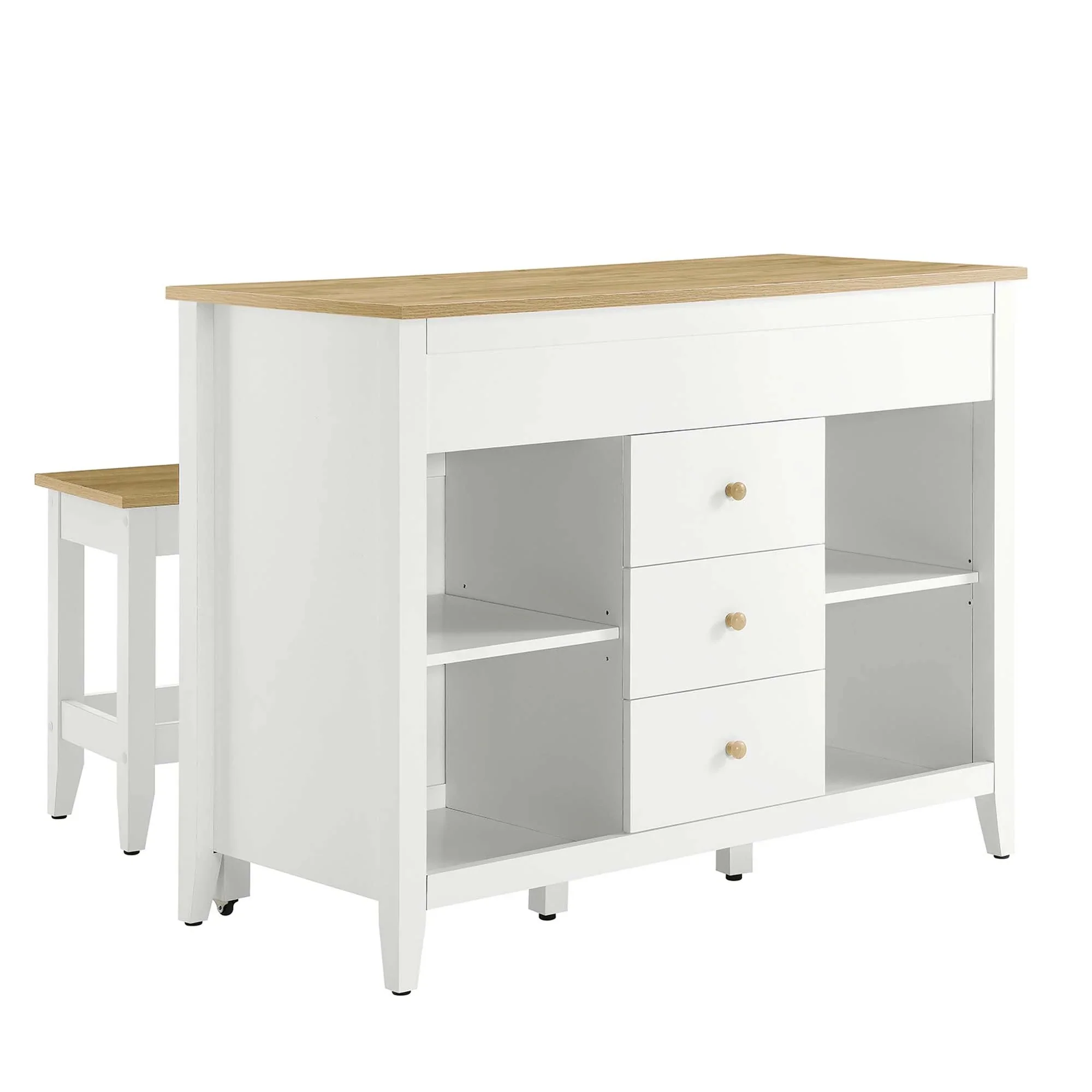 3 Piece Oak and White Kitchen Island Set with Pull-Out Table and Stools
