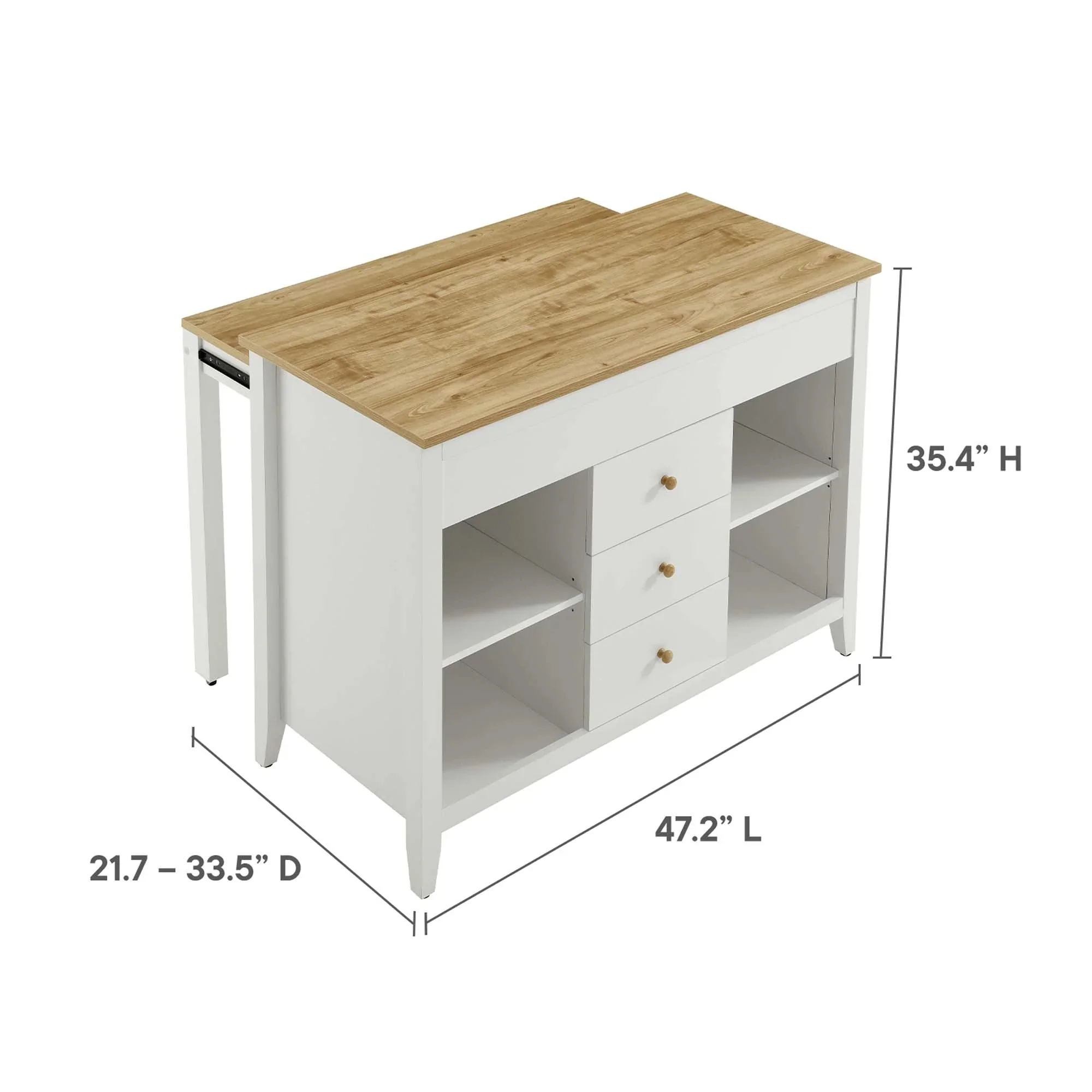 3 Piece Oak and White Kitchen Island Set with Pull-Out Table and Stools - Image 4