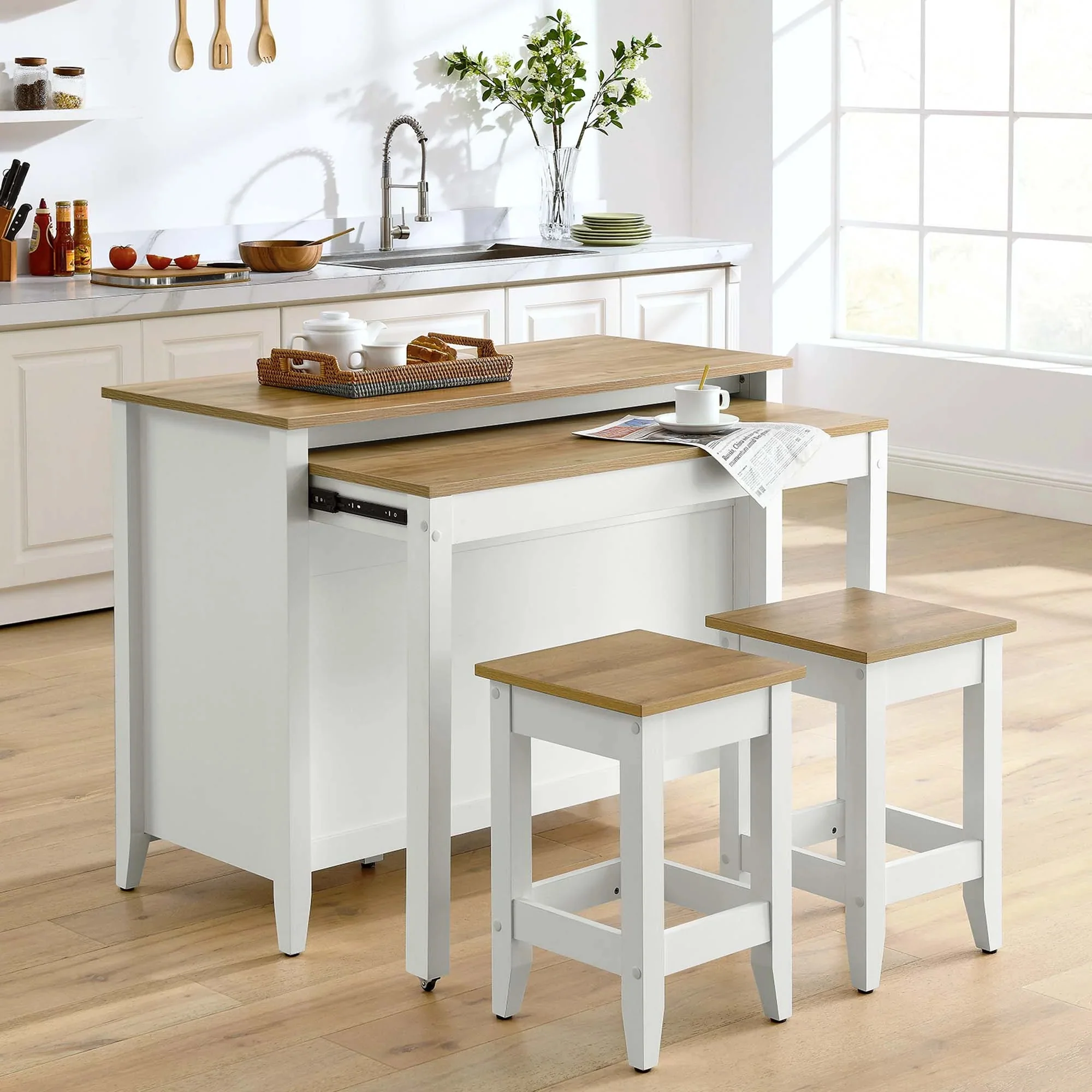 3 Piece Oak and White Kitchen Island Set with Pull-Out Table and Stools - Image 6