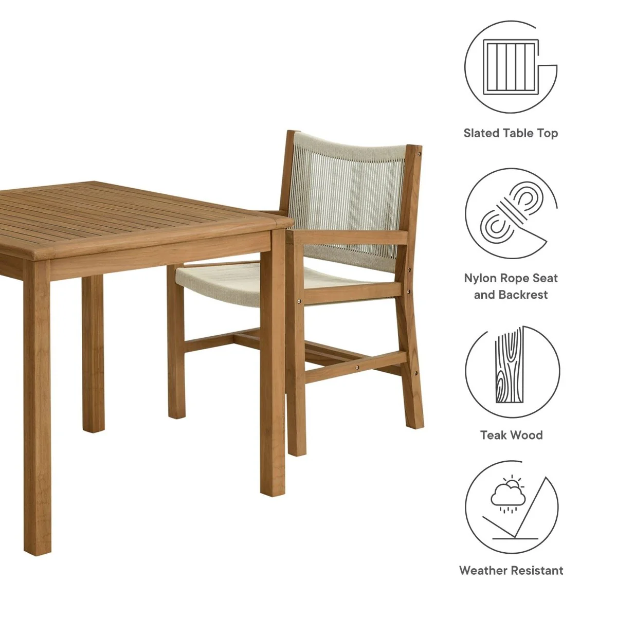 3-Piece Outdoor Teak and Rope Dining Set with Armchairs for Patio and Garden - Image 7