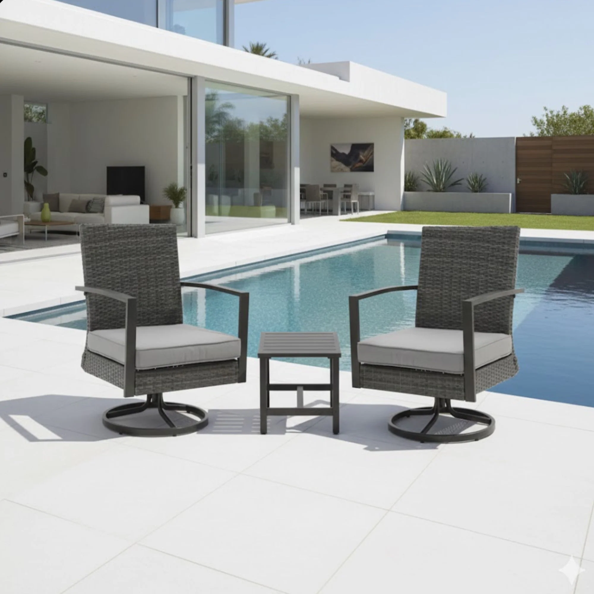 3 Piece Patio Furniture, Swivel Rocker Bistro Set With Side Table & Cushions For Porch - Gray - Image 4