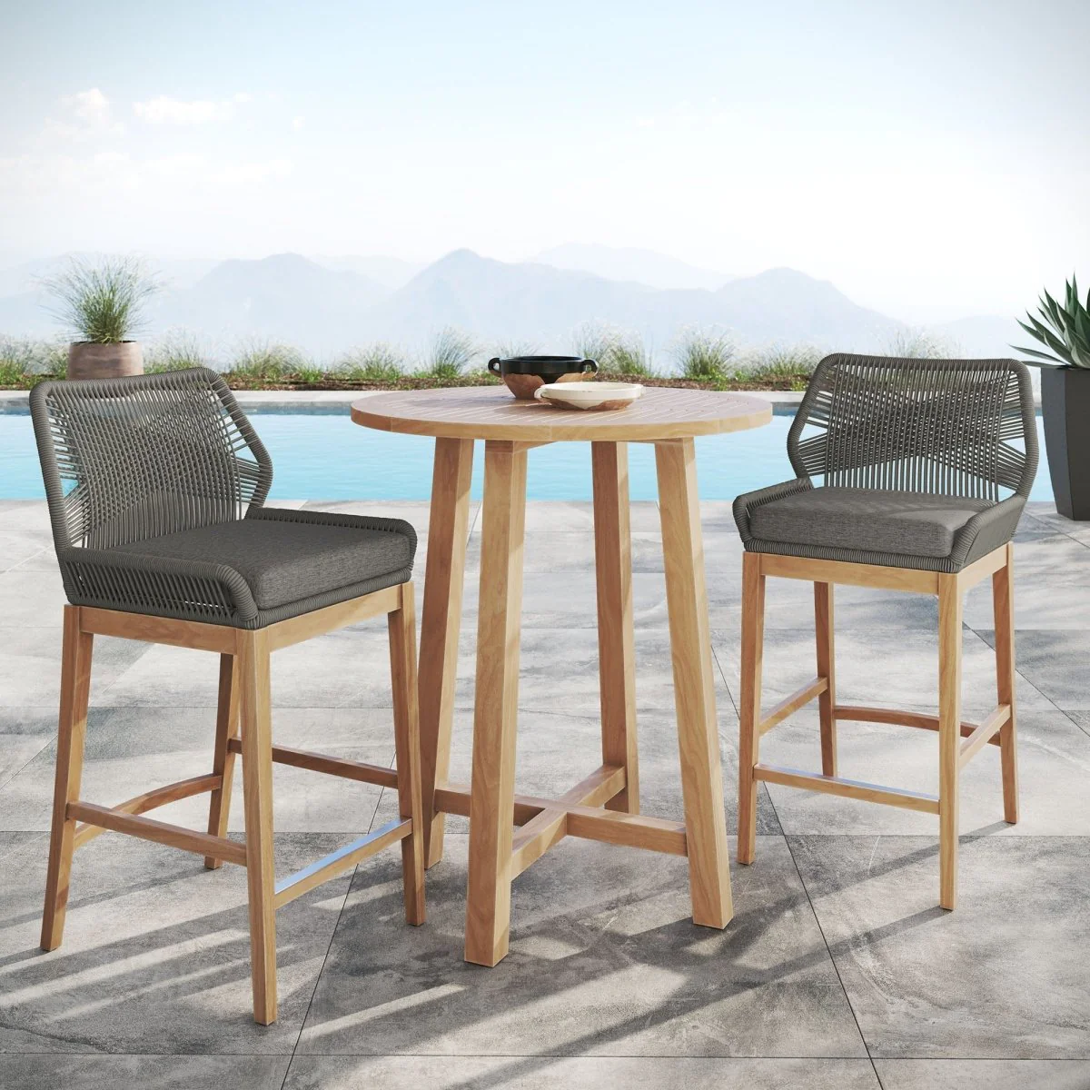 3-Piece Teak Wood Outdoor Bar Set with Woven Rope Stools for Patio & Deck - Image 23