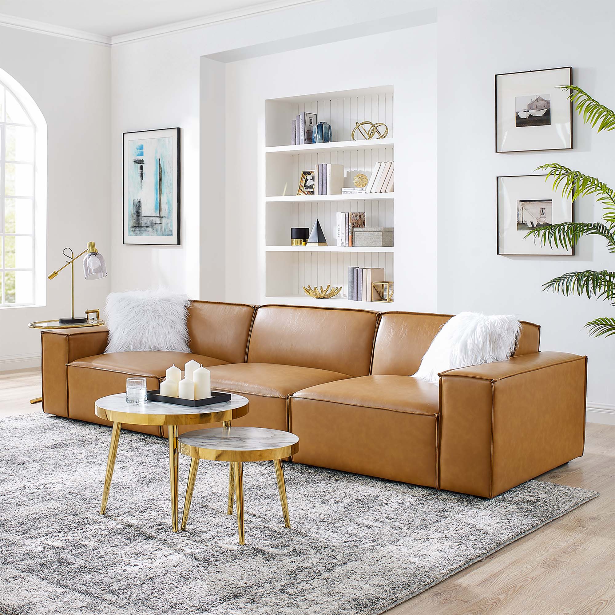 3-Piece Vegan Leather French Piping Sofa 123 Inch in Tan - Image 8