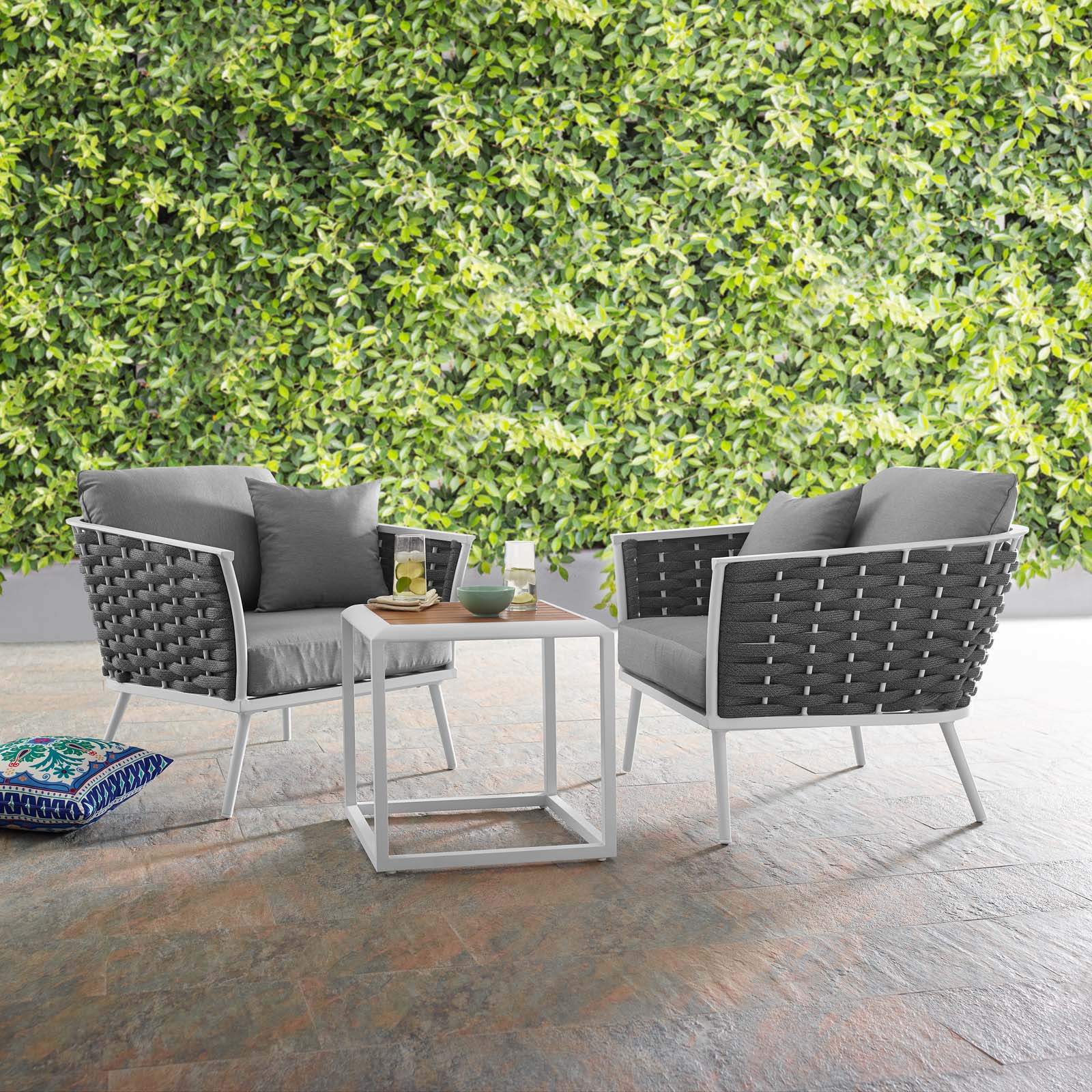 3-Piece White and Gray Aluminum Rope Outdoor Sectional Sofa Set - Image 8