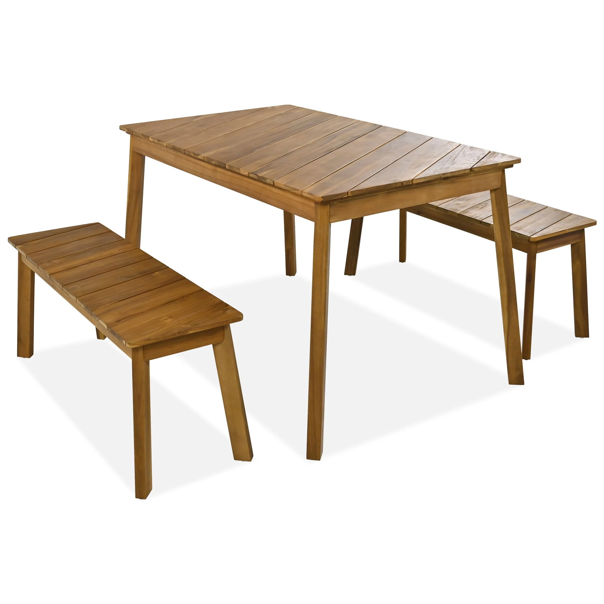 3 Pieces Acacia Wood Table Bench Dining Set For Outdoor & Indoor Furniture With 2 Benches, Picnic Beer Table For Patio, Porch, Garden, Poolside - Natural - Image 4