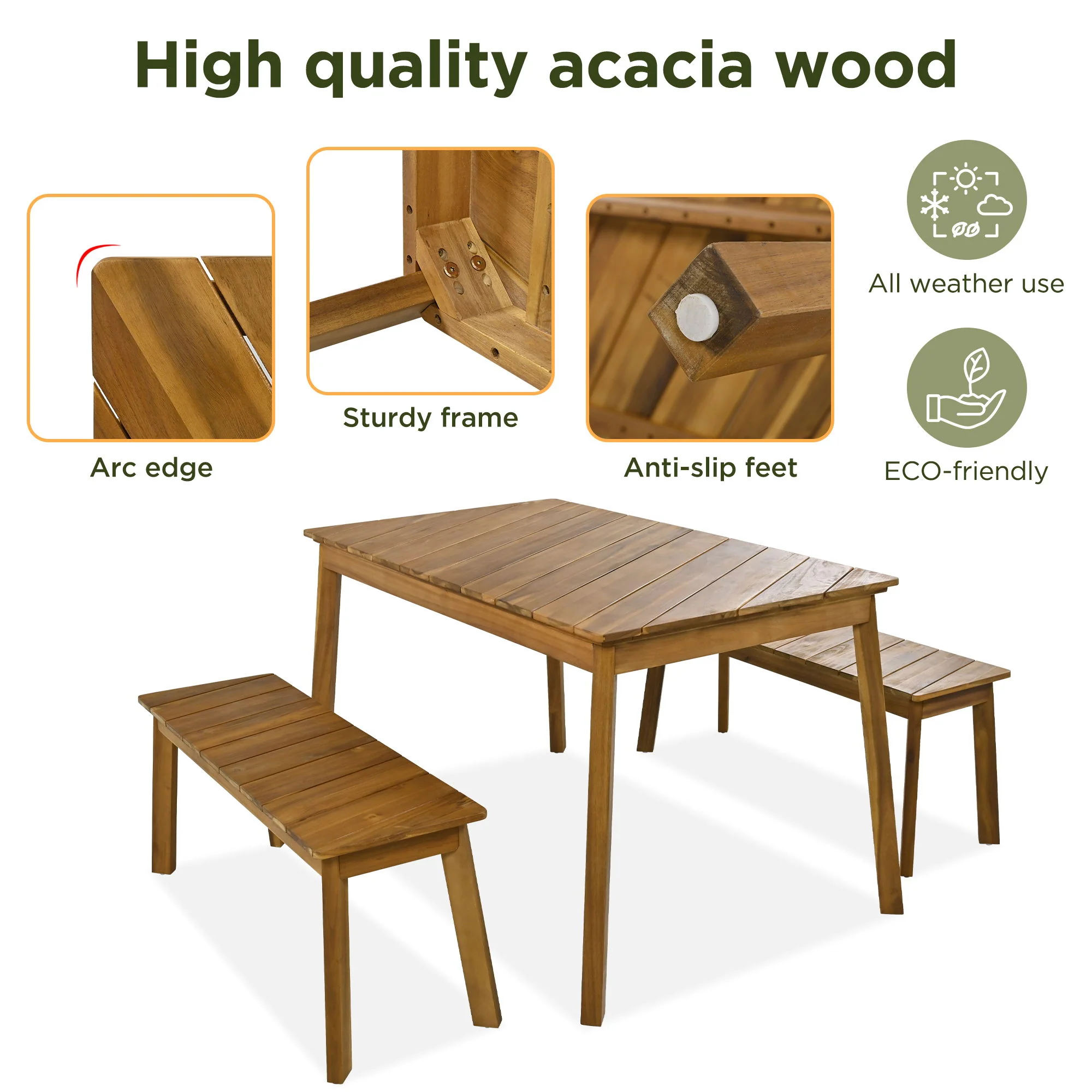 3 Pieces Acacia Wood Table Bench Dining Set For Outdoor & Indoor Furniture With 2 Benches, Picnic Beer Table For Patio, Porch, Garden, Poolside - Natural - Image 8