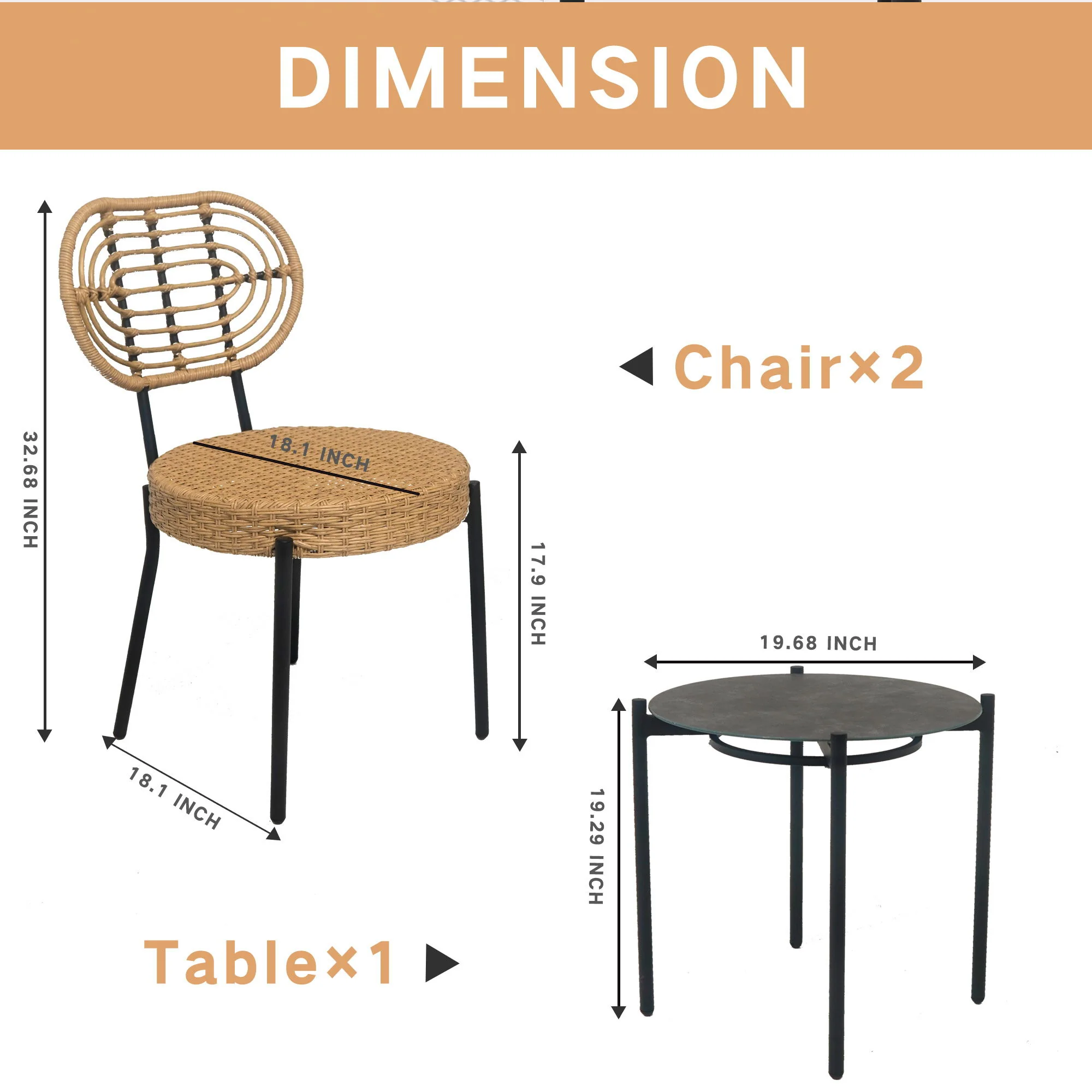 3 Pieces Of Luxury Outdoor Wicker Furniture Patio Bistro Style Table And Chair Combination, Weather Resistant PE Wicker Weave, Suitable For Garden - Black / Natural - Image 2