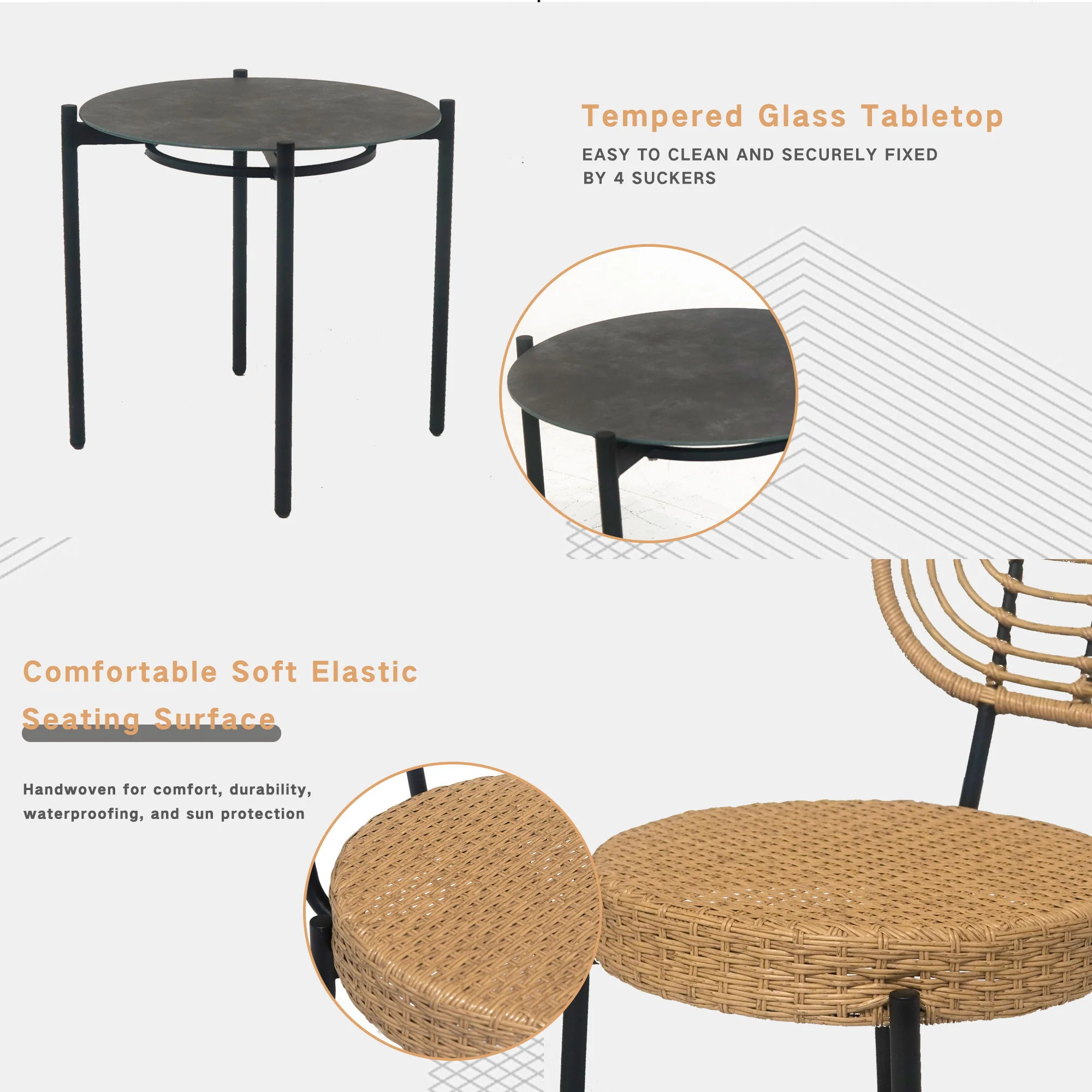 3 Pieces Of Luxury Outdoor Wicker Furniture Patio Bistro Style Table And Chair Combination, Weather Resistant PE Wicker Weave, Suitable For Garden - Black / Natural - Image 6