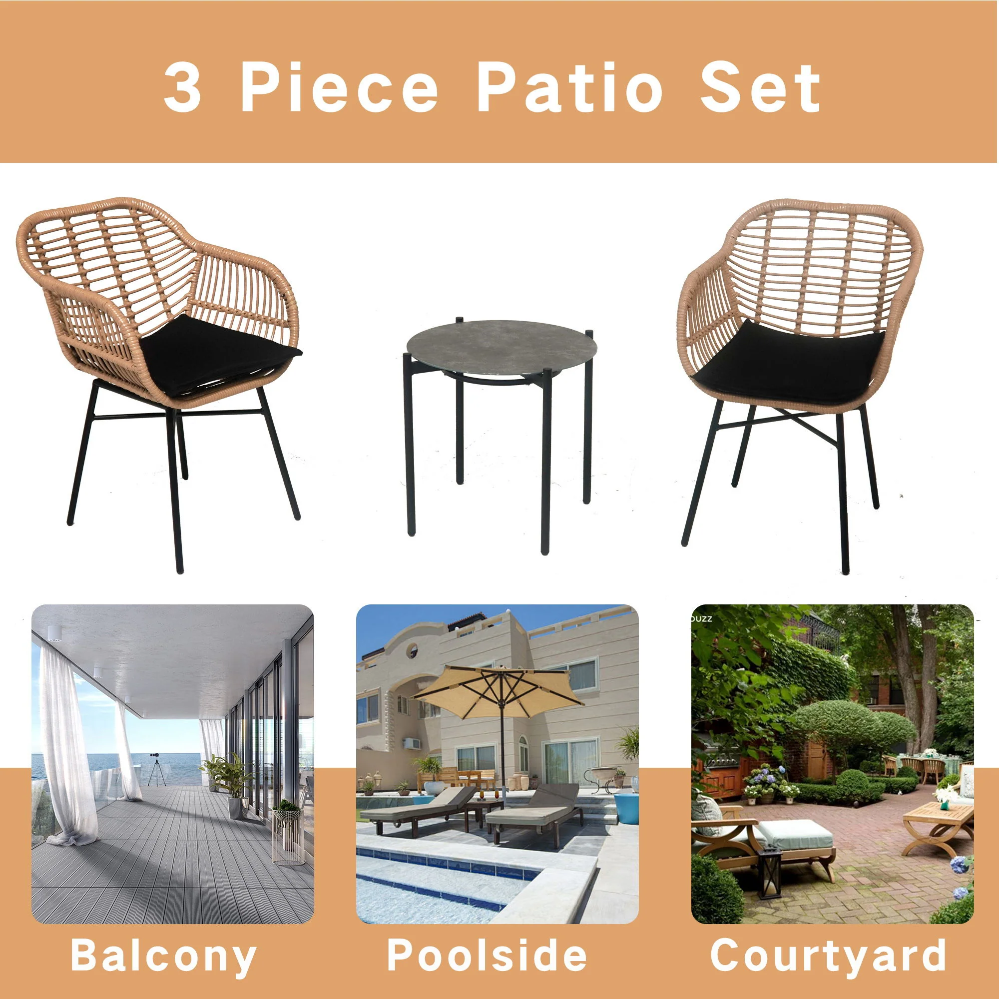 3 Pieces Of Luxury Outdoor Wicker Furniture, Patio Bistro Style Table And Chair Combination, Weather Resistant PE Wicker Weave, Suitable For Garden - Black / Natural - Image 3